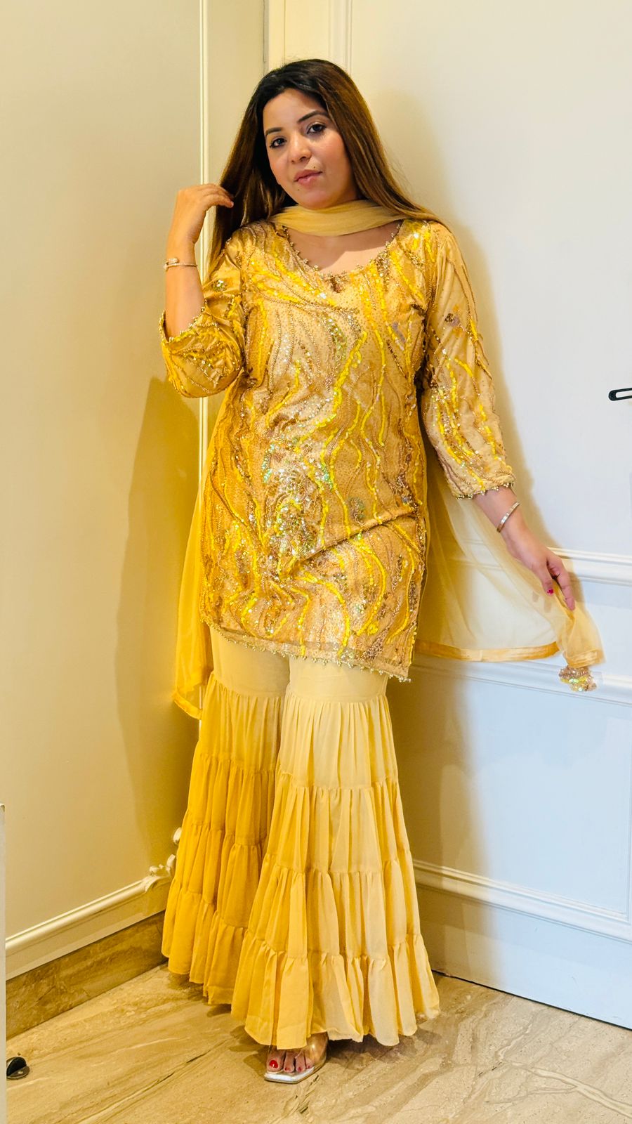 Zehra Sharara Suit Set- Pink, Yellow