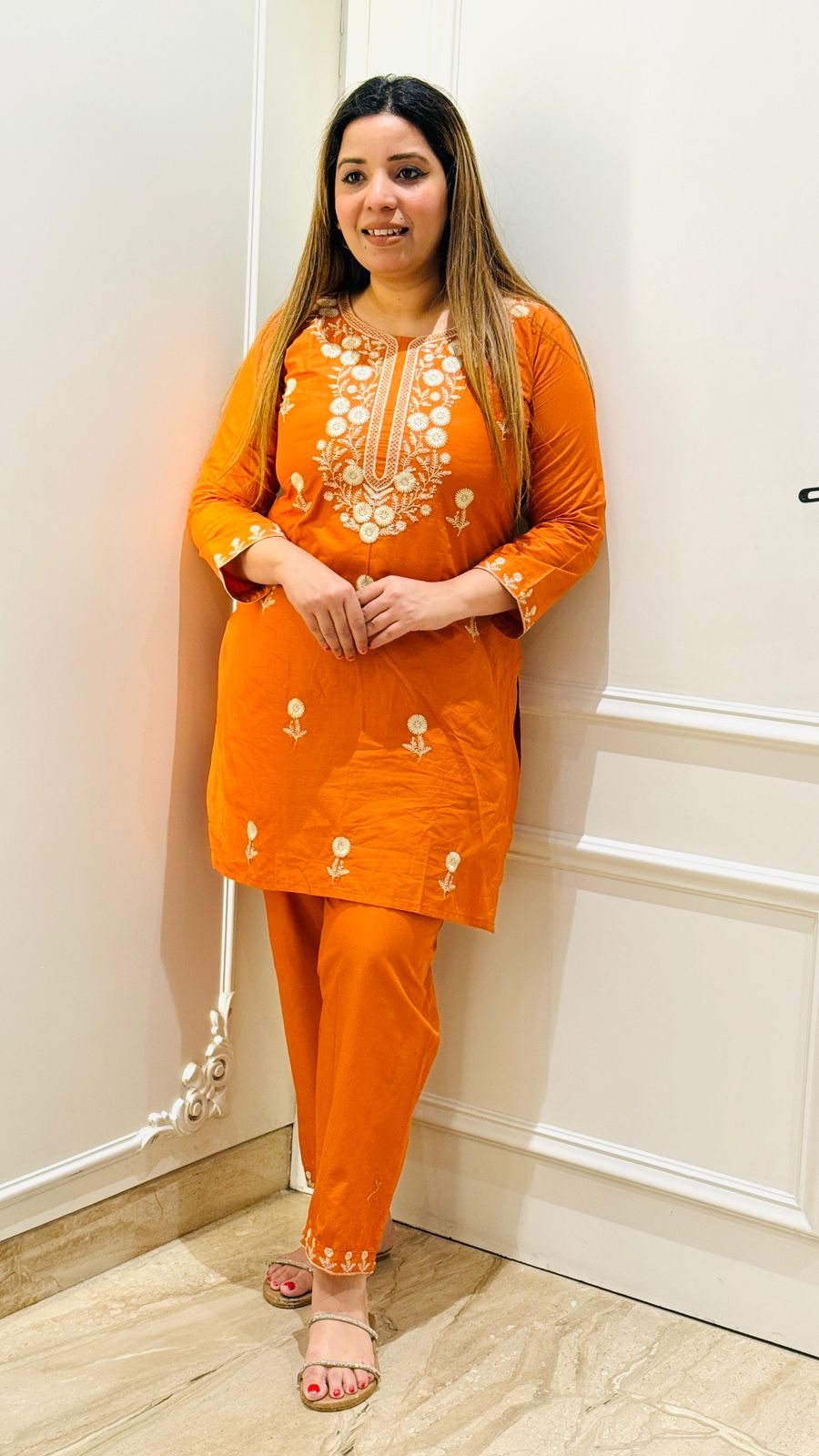 Inaaya Embroidered Set- Orange, Brown