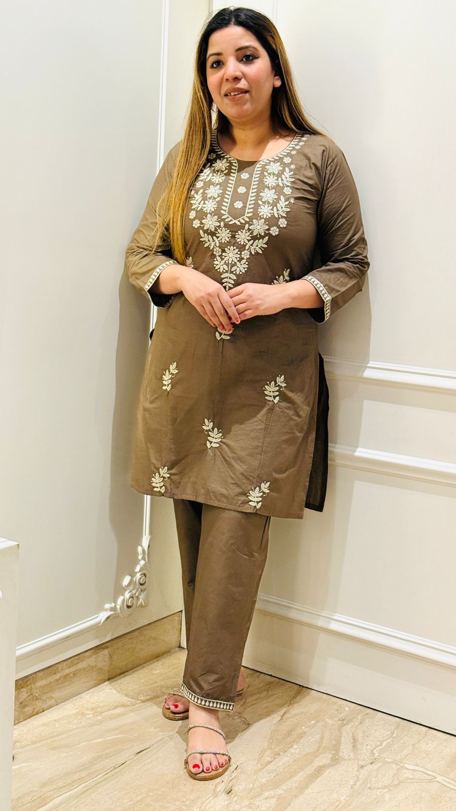 Inaaya Embroidered Set- Orange, Brown