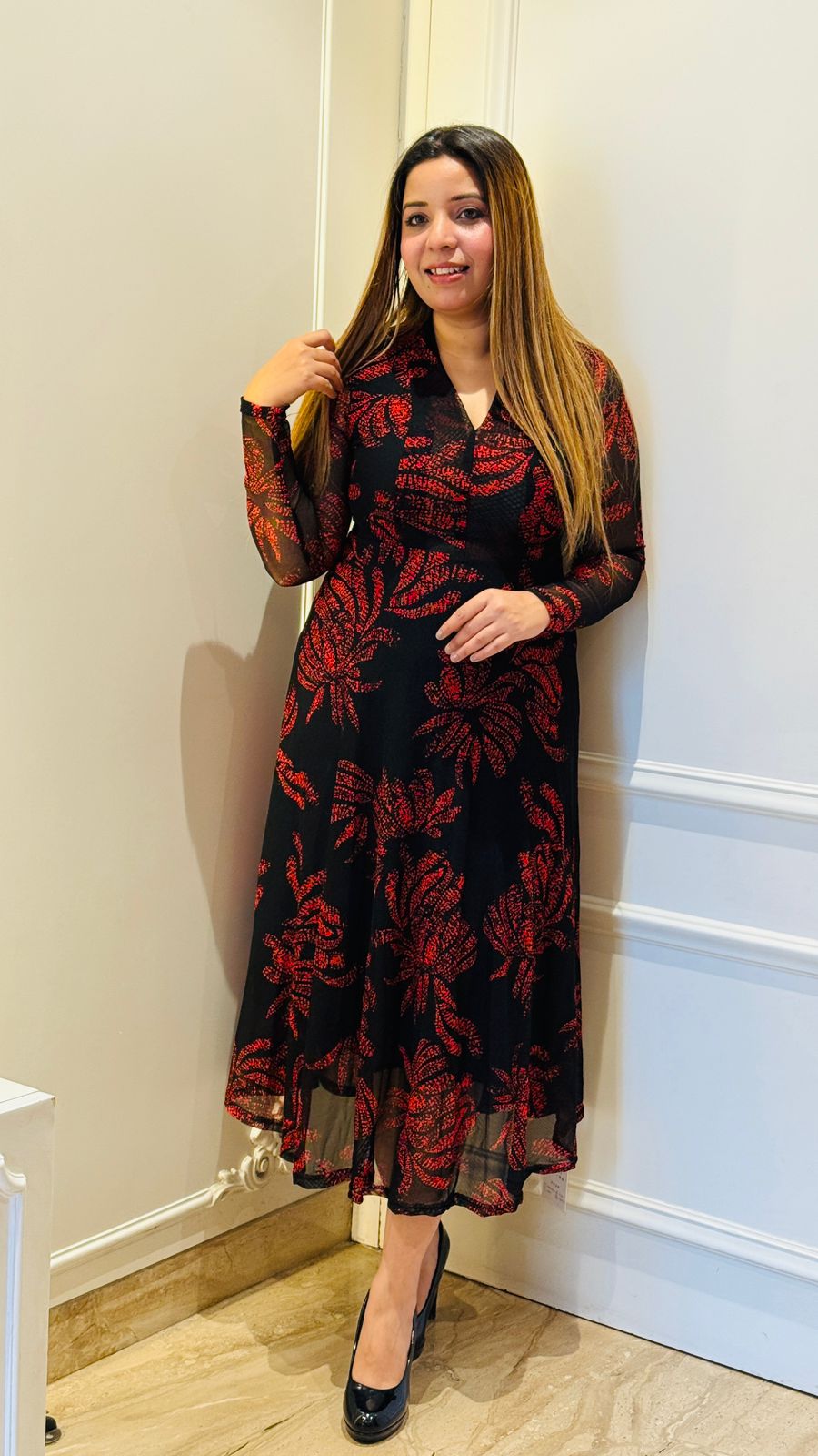 Reyna Net Dress- Beige, Red, Gray