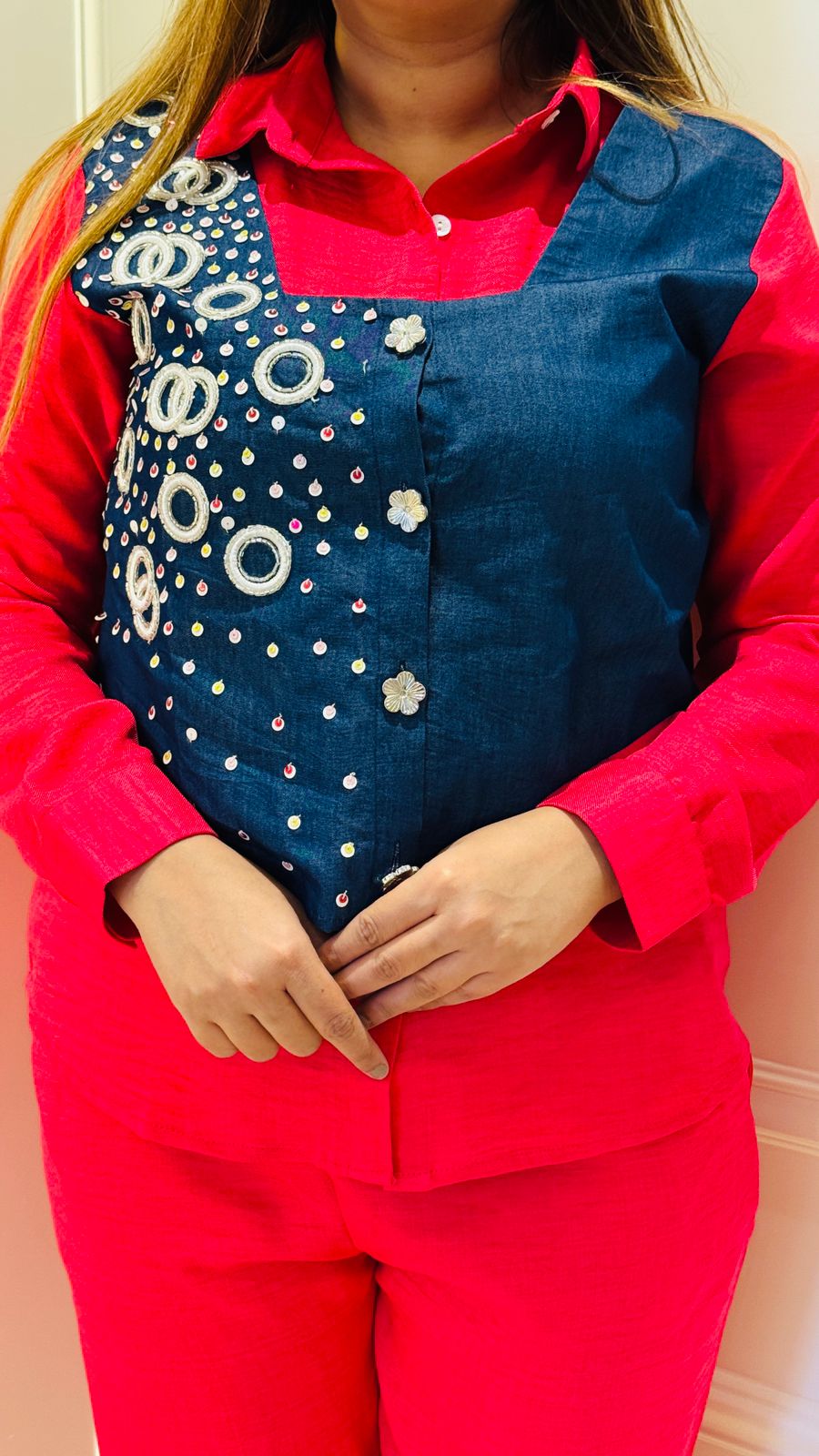 Nyra Denim Coord- Red, Yellow