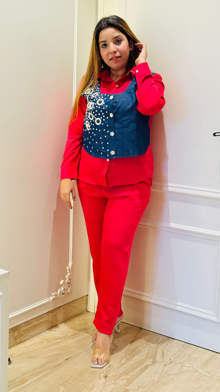 Nyra Denim Coord- Red, Yellow