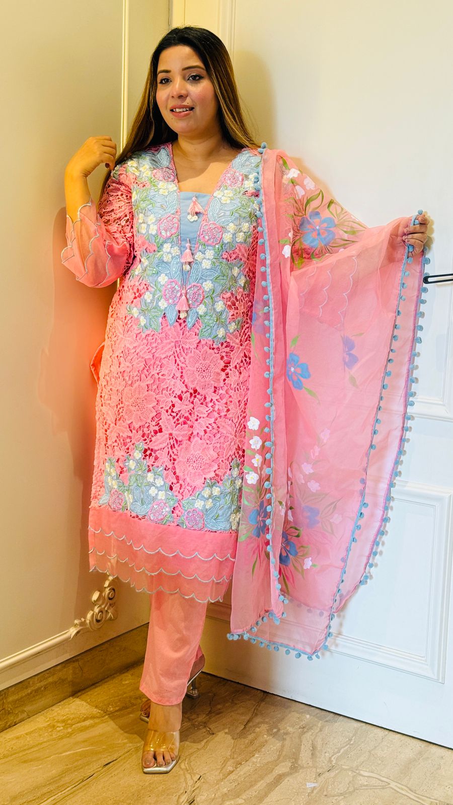 Neysa Organza Suit- Pink, Grey, Blue