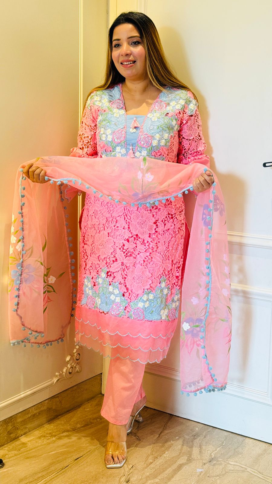 Neysa Organza Suit- Pink, Grey, Blue