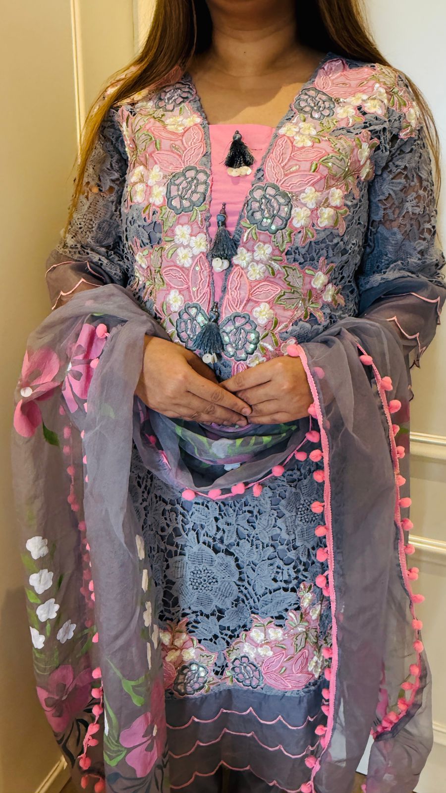 Neysa Organza Suit- Pink, Grey, Blue