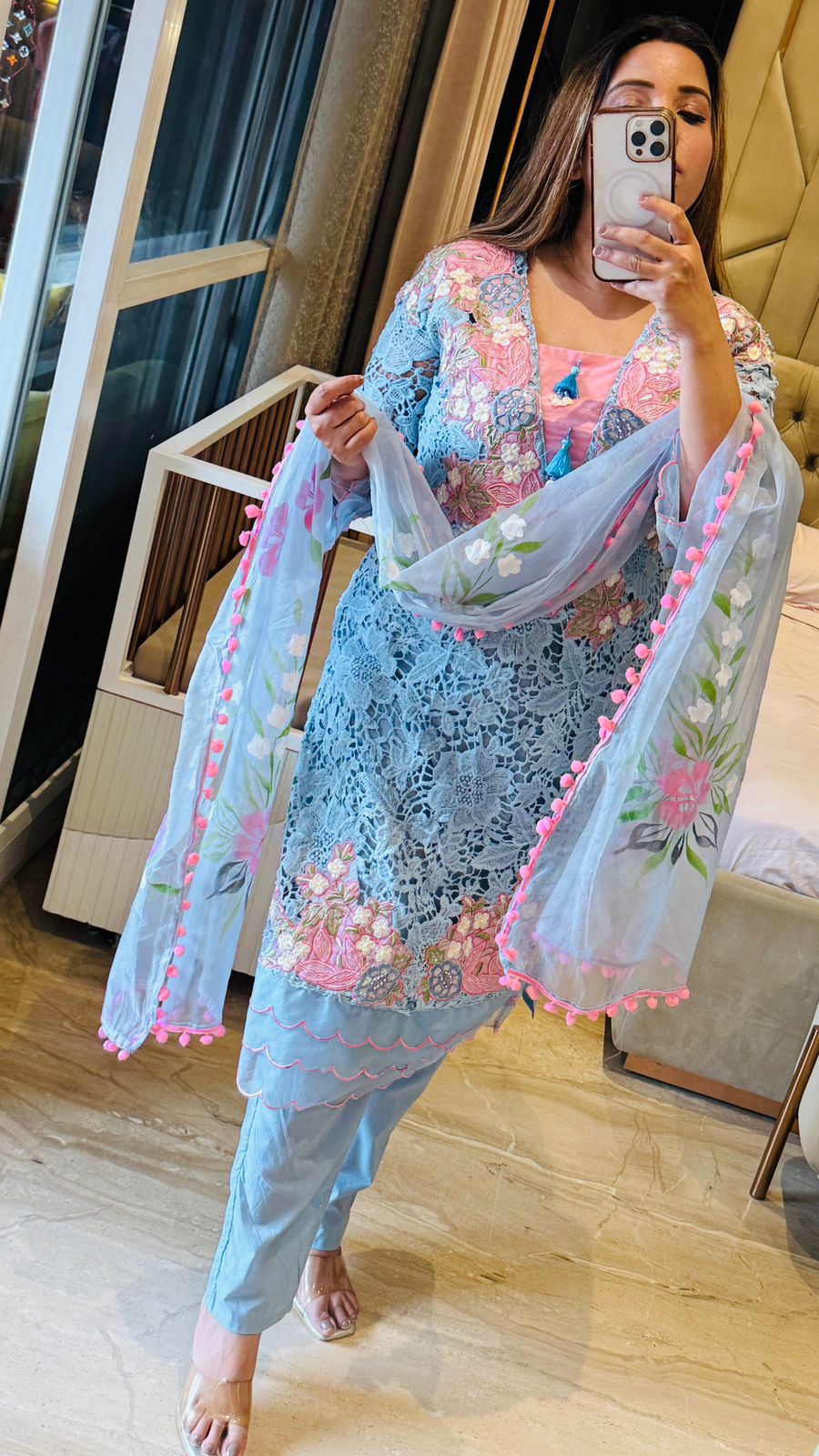 Neysa Organza Suit- Pink, Grey, Blue