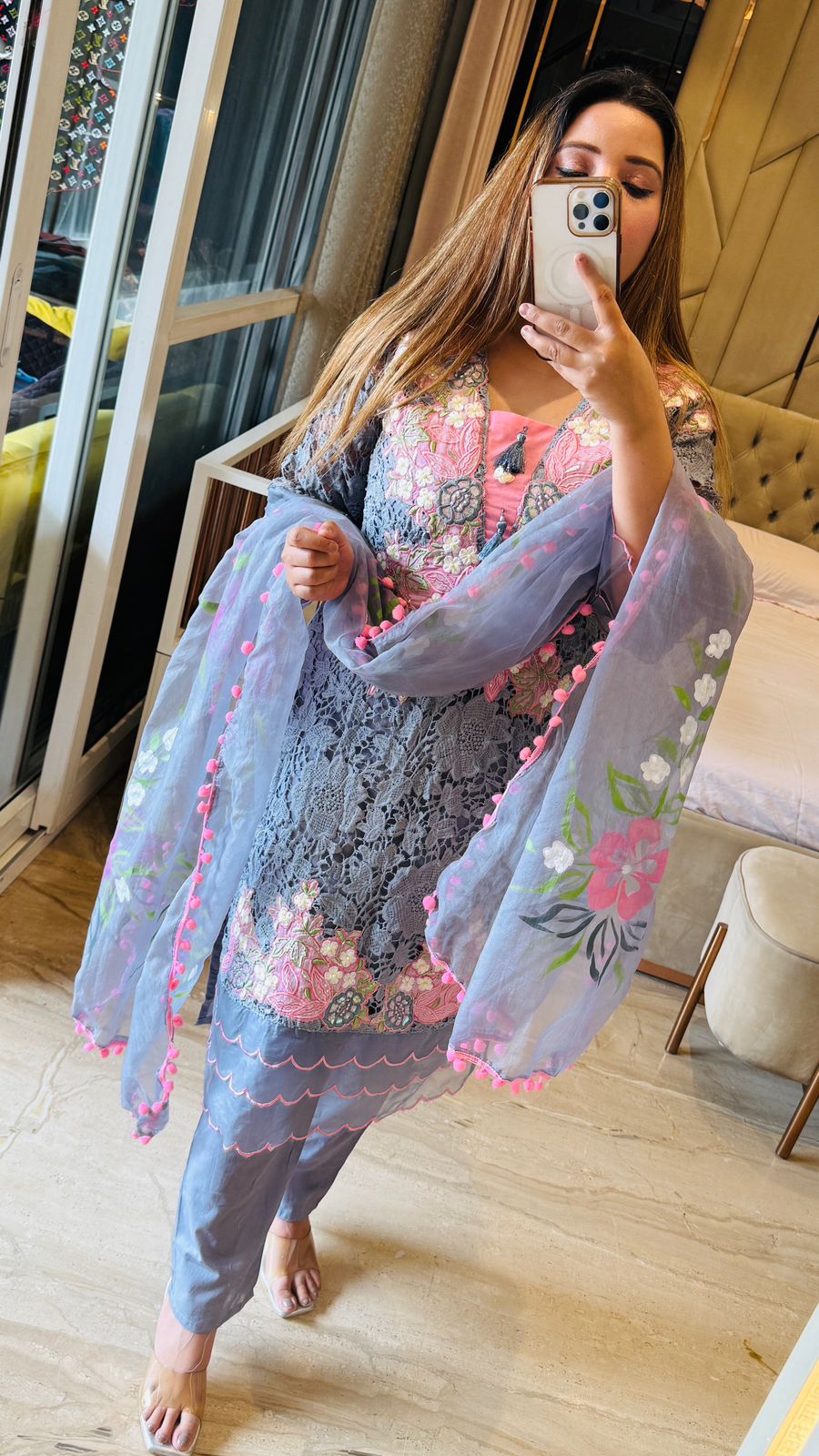 Neysa Organza Suit- Pink, Grey, Blue