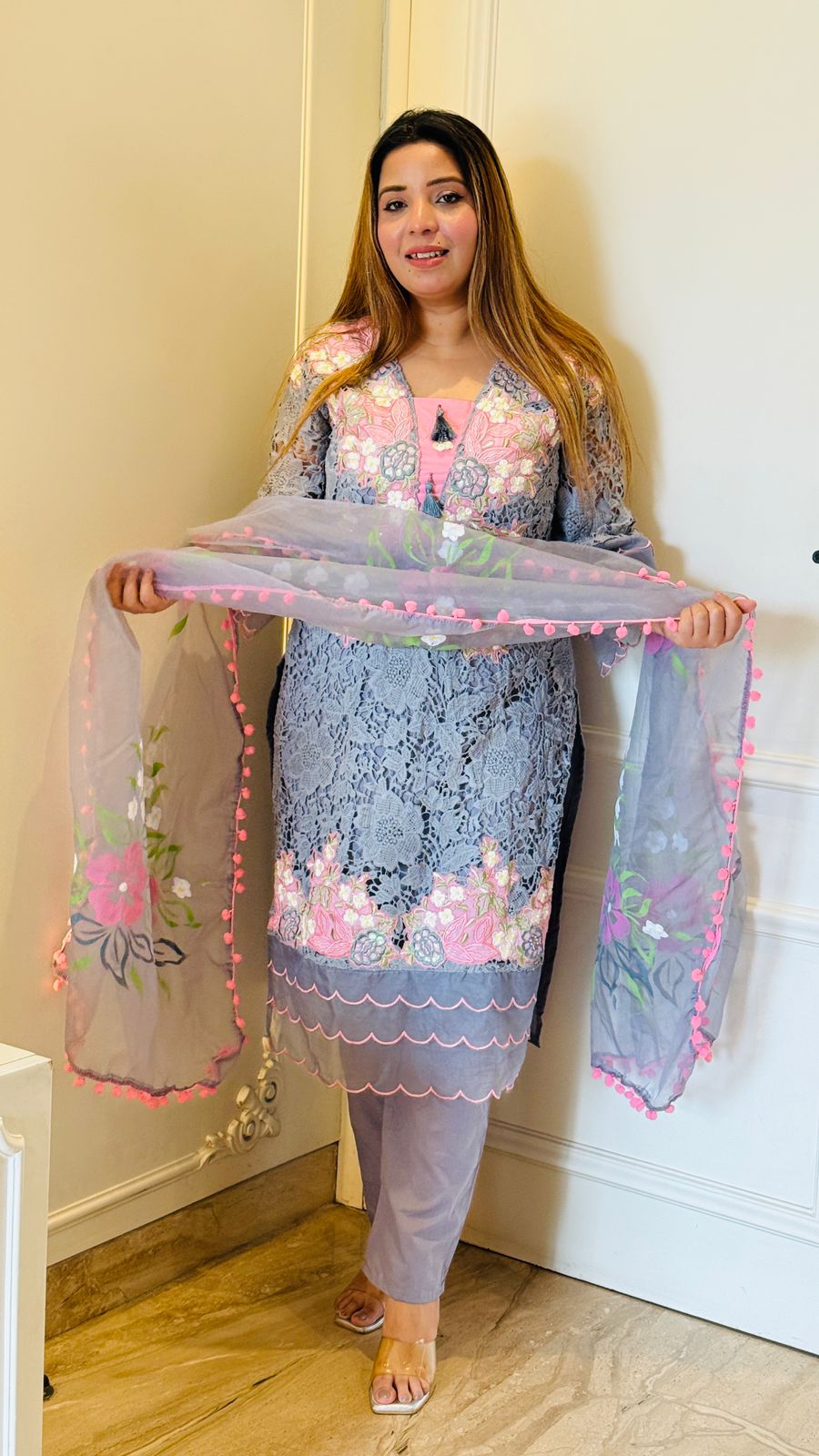 Neysa Organza Suit- Pink, Grey, Blue