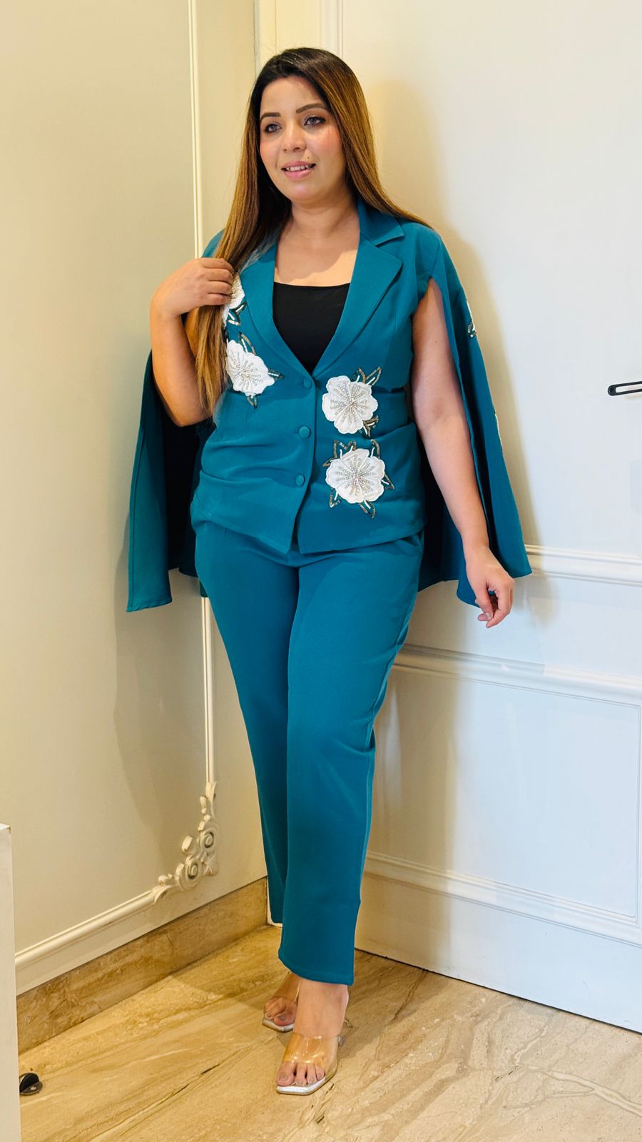 Iravya Crape Cape Set- Blue, Navy