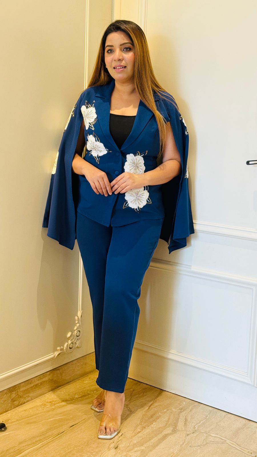 Iravya Crape Cape Set- Blue, Navy
