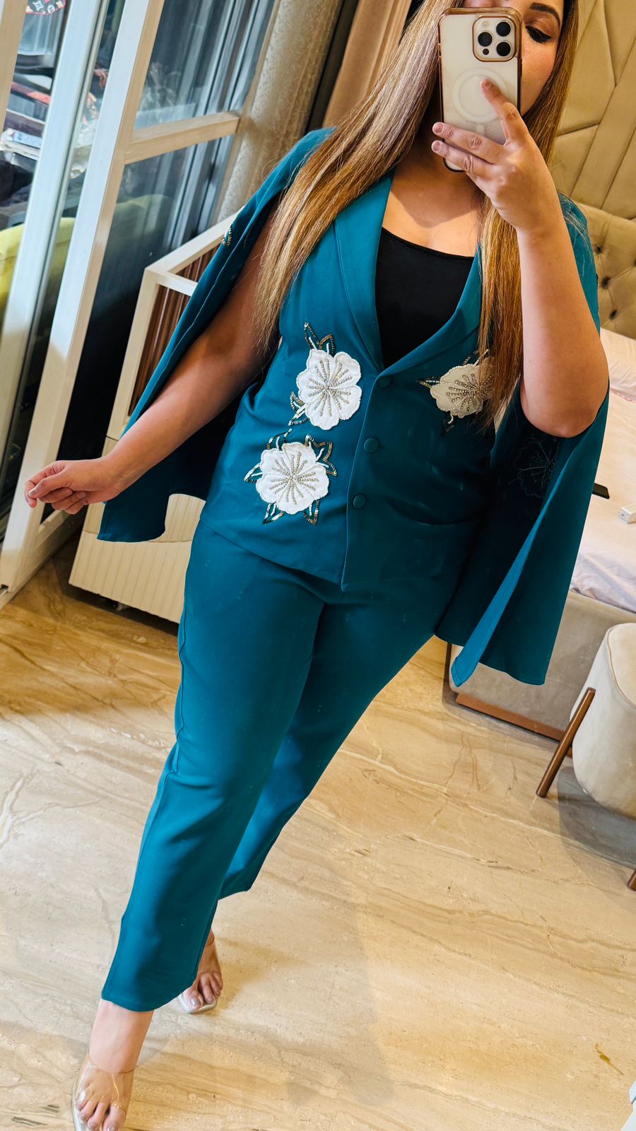 Iravya Crape Cape Set- Blue, Navy