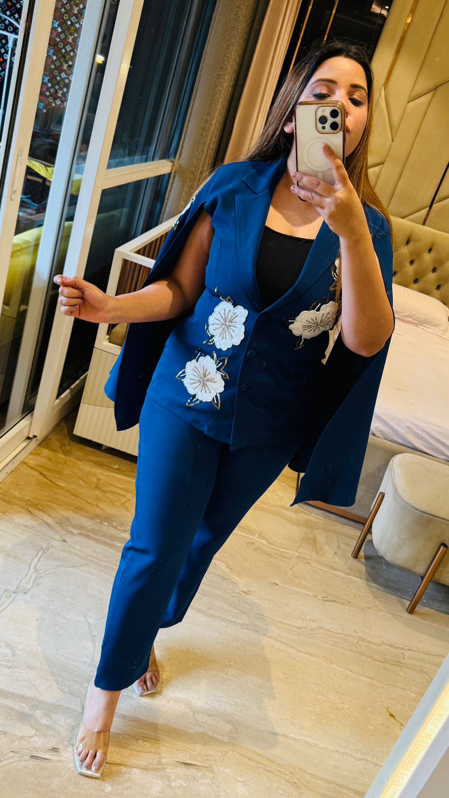 Iravya Crape Cape Set- Blue, Navy