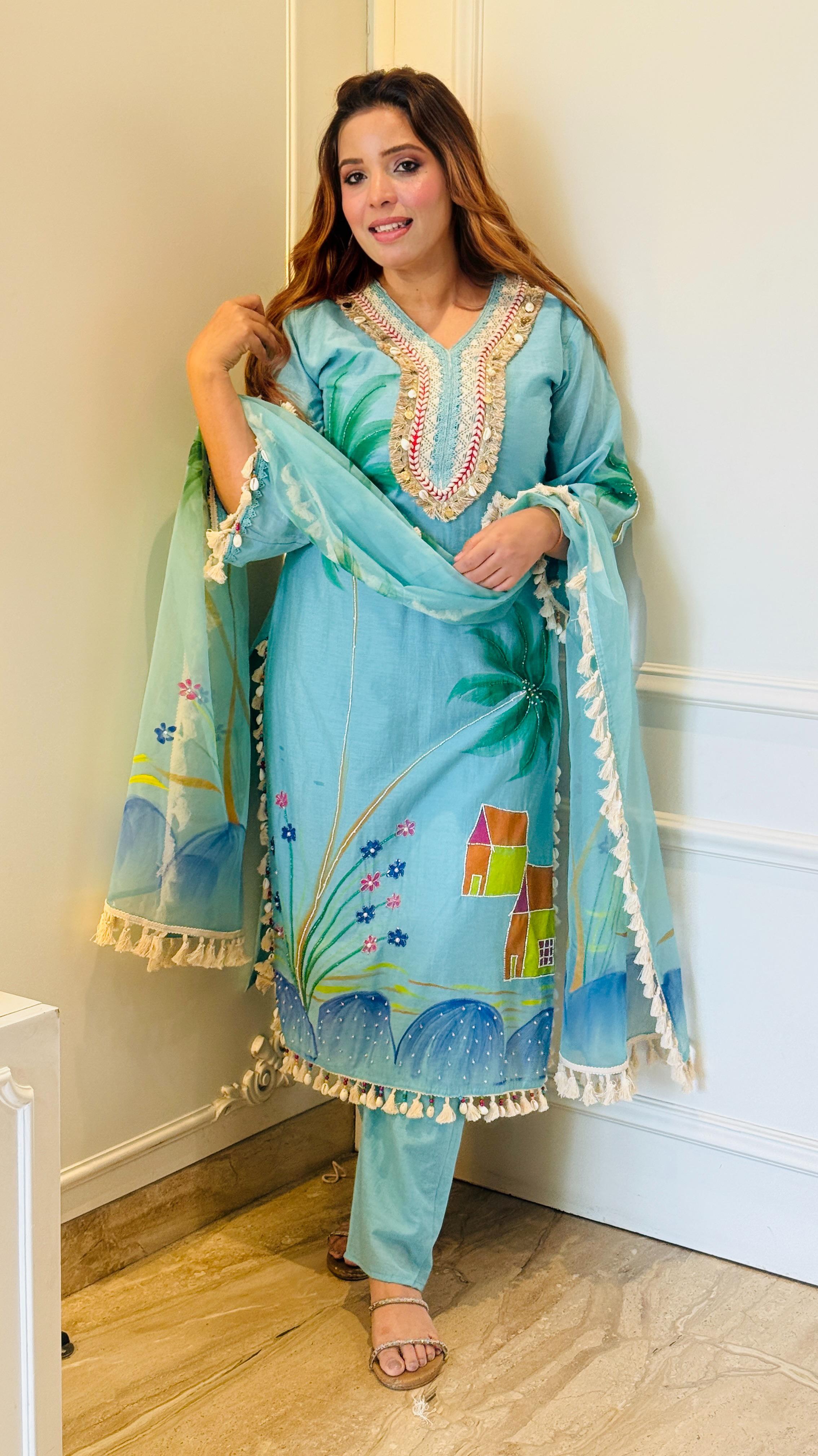 Kavisha Suit Set- Blue, Yellow