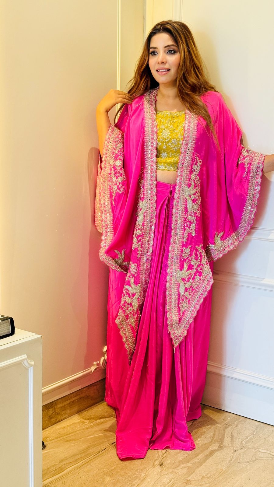 Naaira Kaftan Skirt Set- Gray, Pink