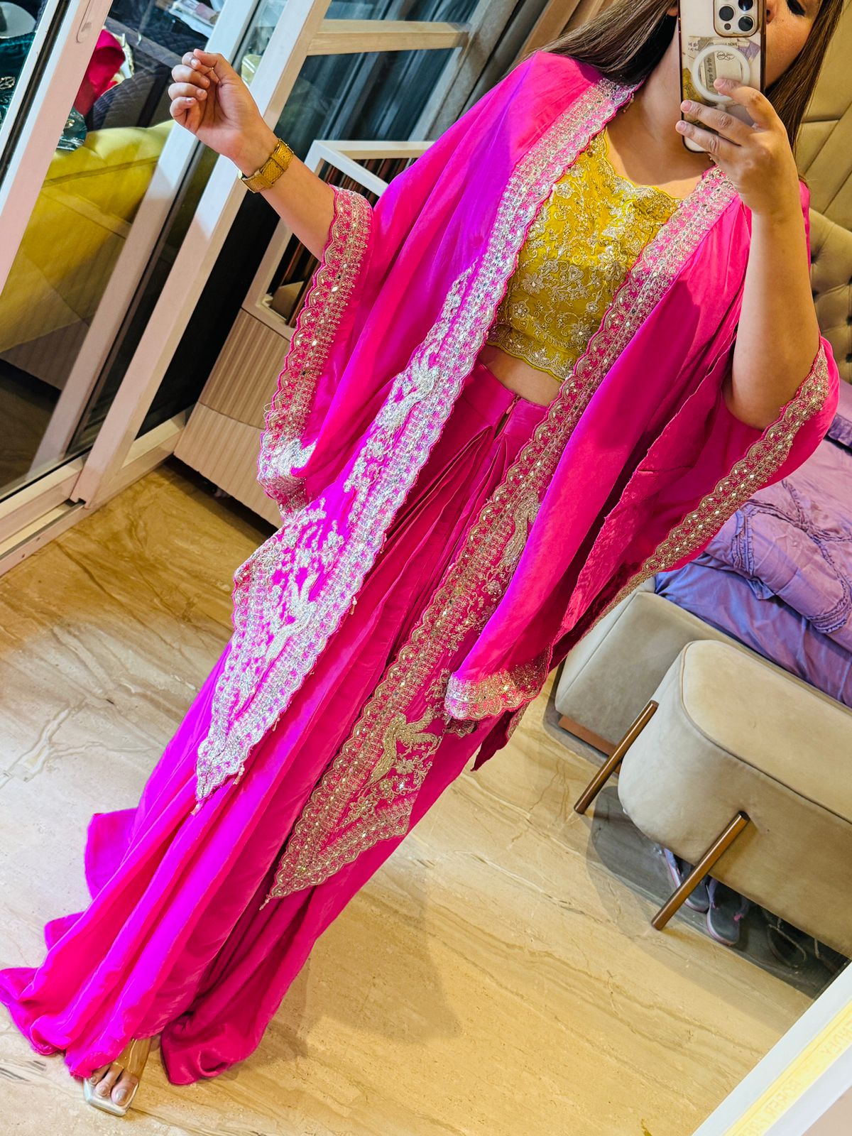 Naaira Kaftan Skirt Set- Gray, Pink