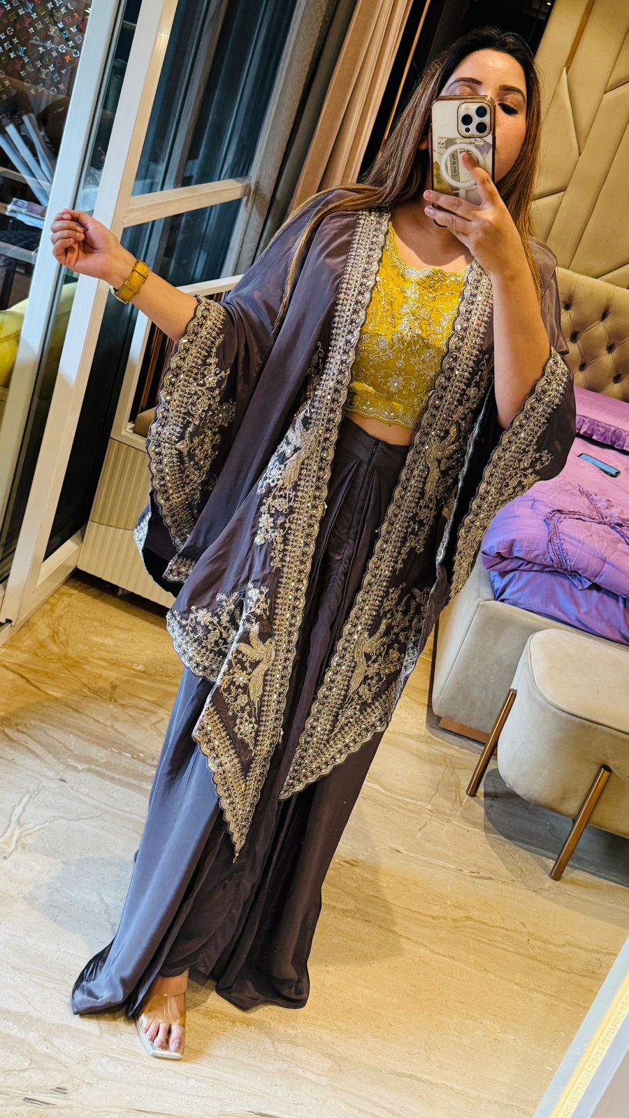 Naaira Kaftan Skirt Set- Gray, Pink