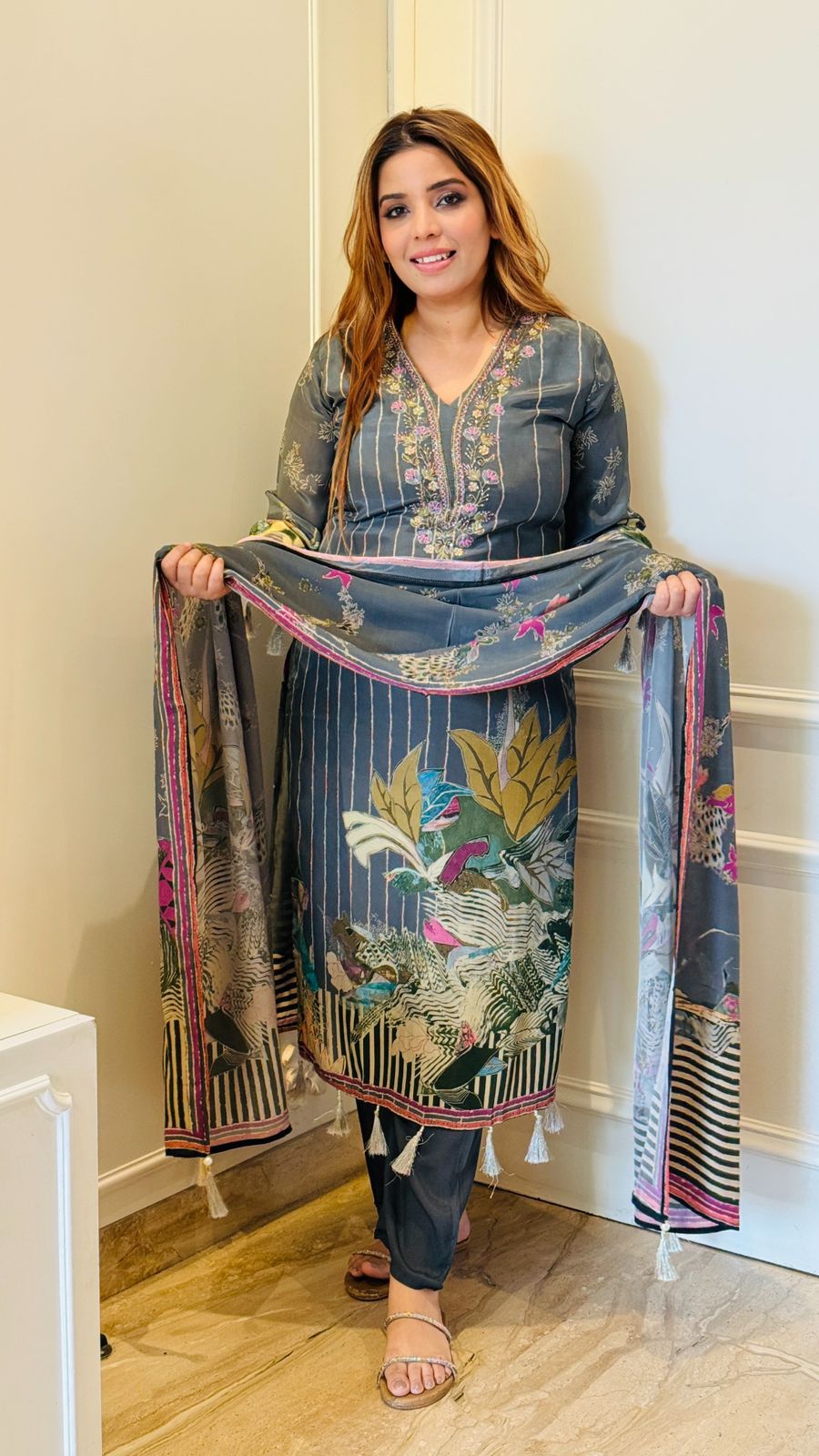 Ziva Crape Suit Set- Blue