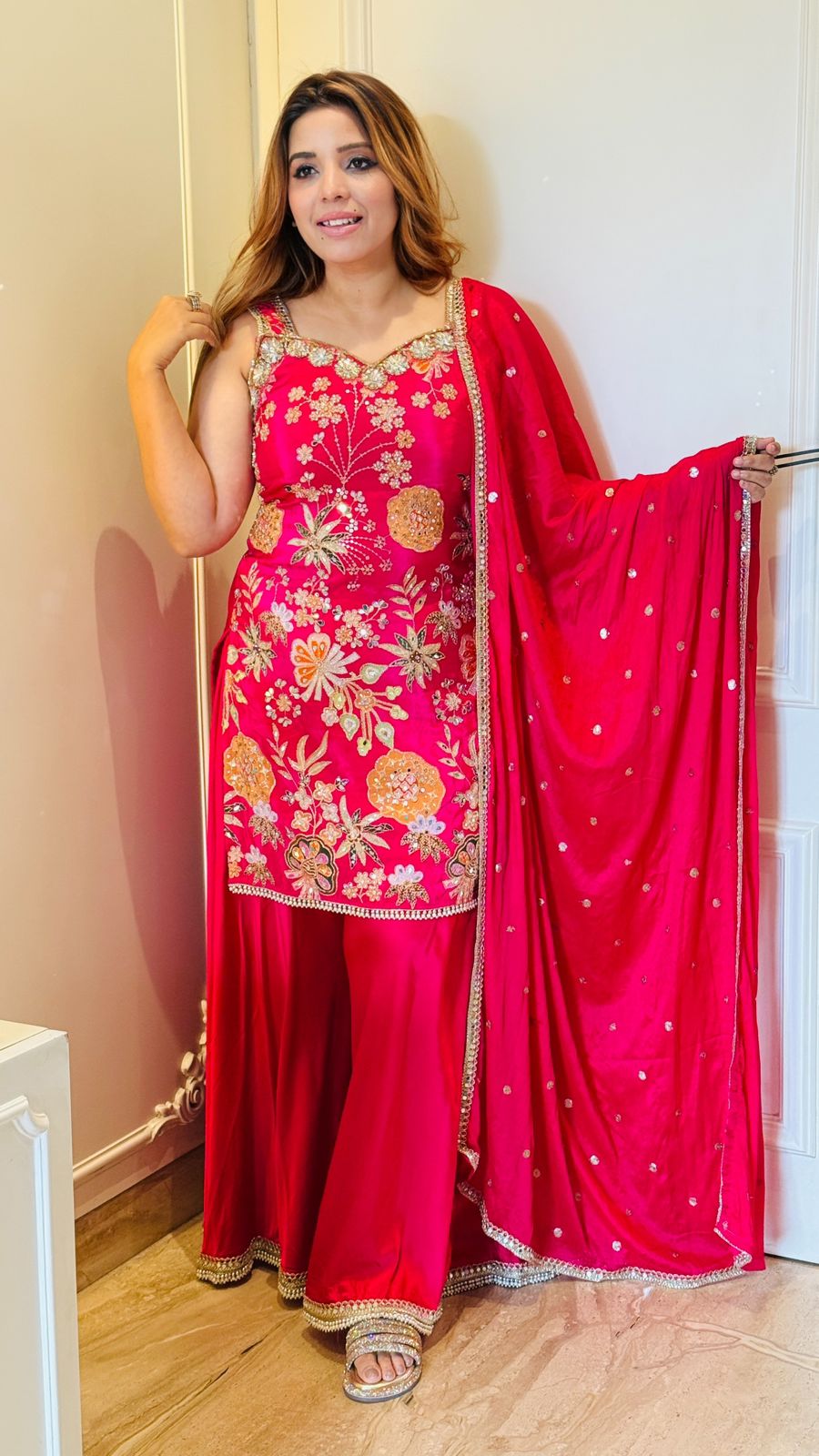 Noorani Plazo Suit Set- Pink, Yellow, Blue