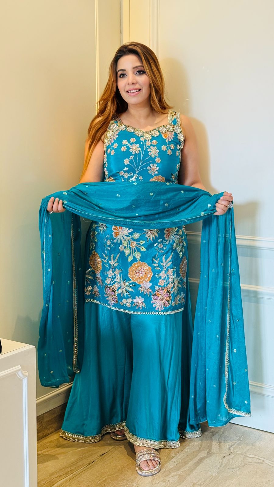 Noorani Plazo Suit Set- Pink, Yellow, Blue