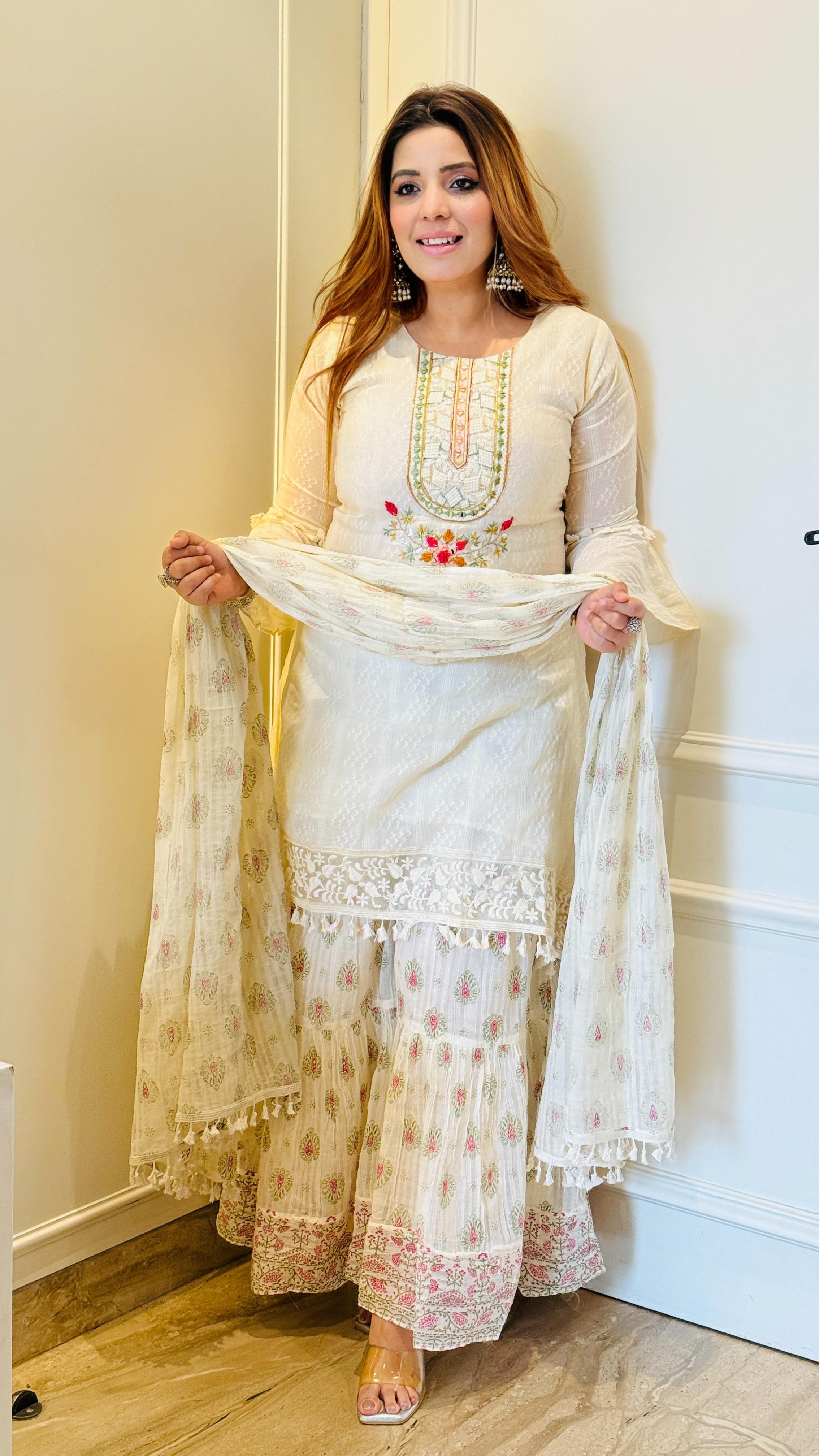 Dobby Sharrara Suit Set- White