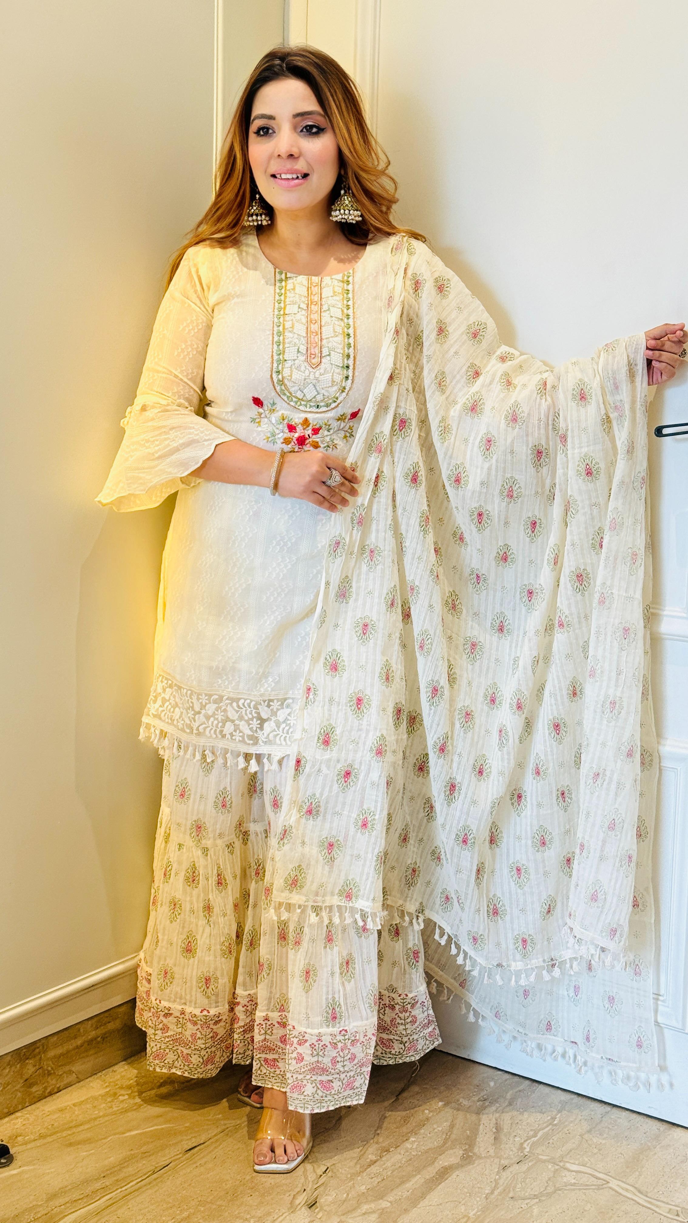 Dobby Sharrara Suit Set- White