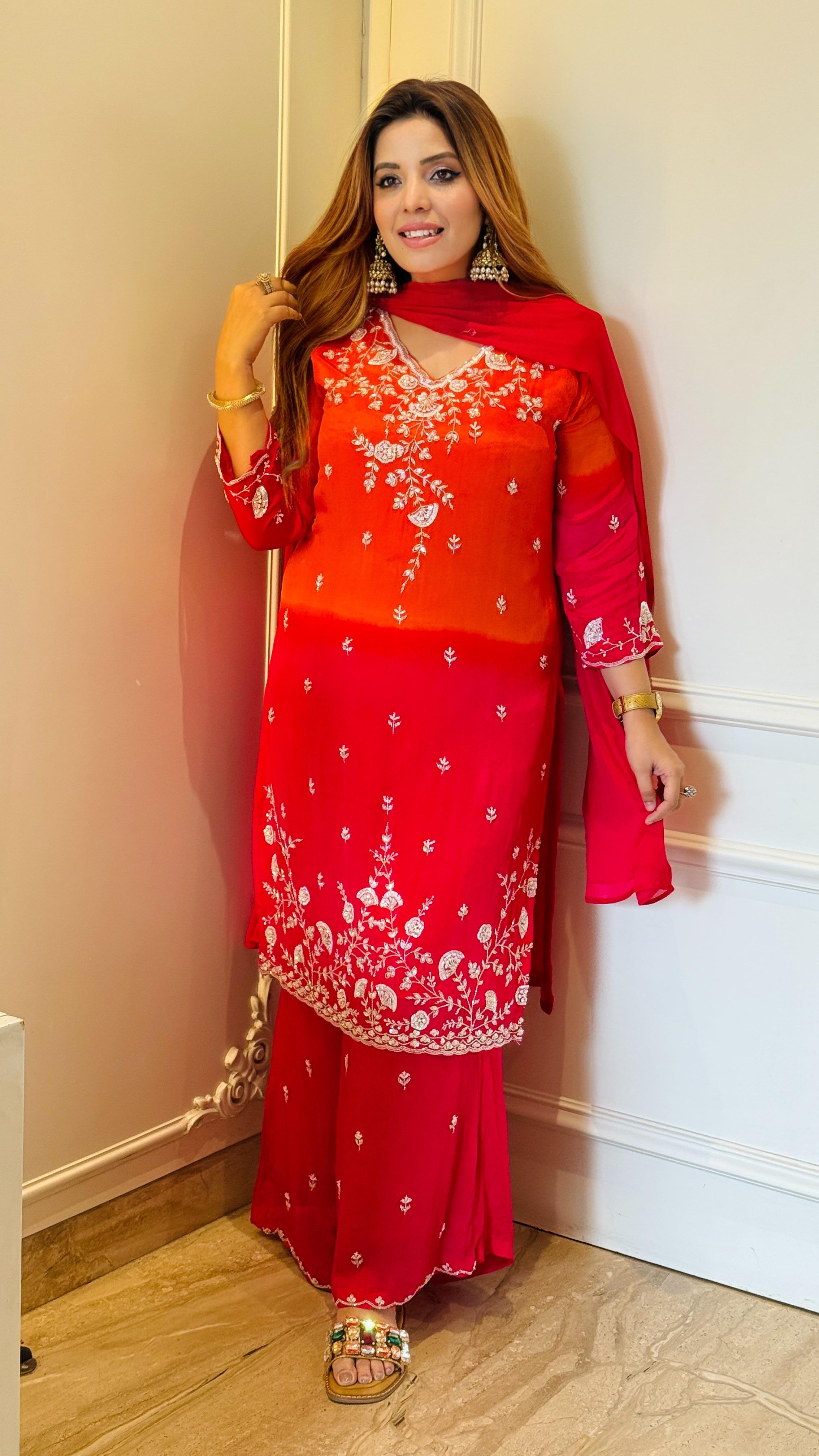 Naira Ombre Suit Set- Pink, Red, Orange