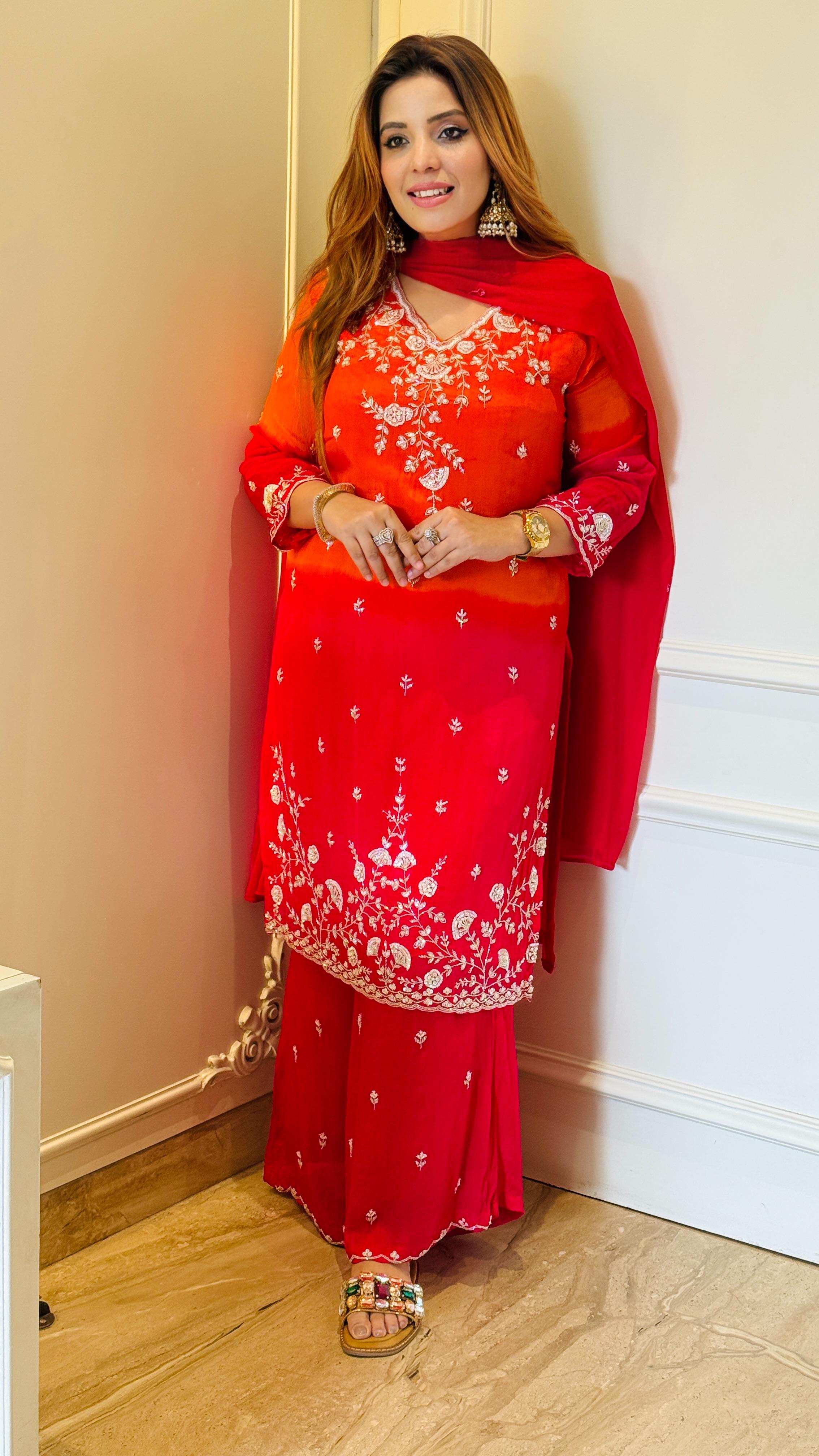 Naira Ombre Suit Set- Pink, Red, Orange