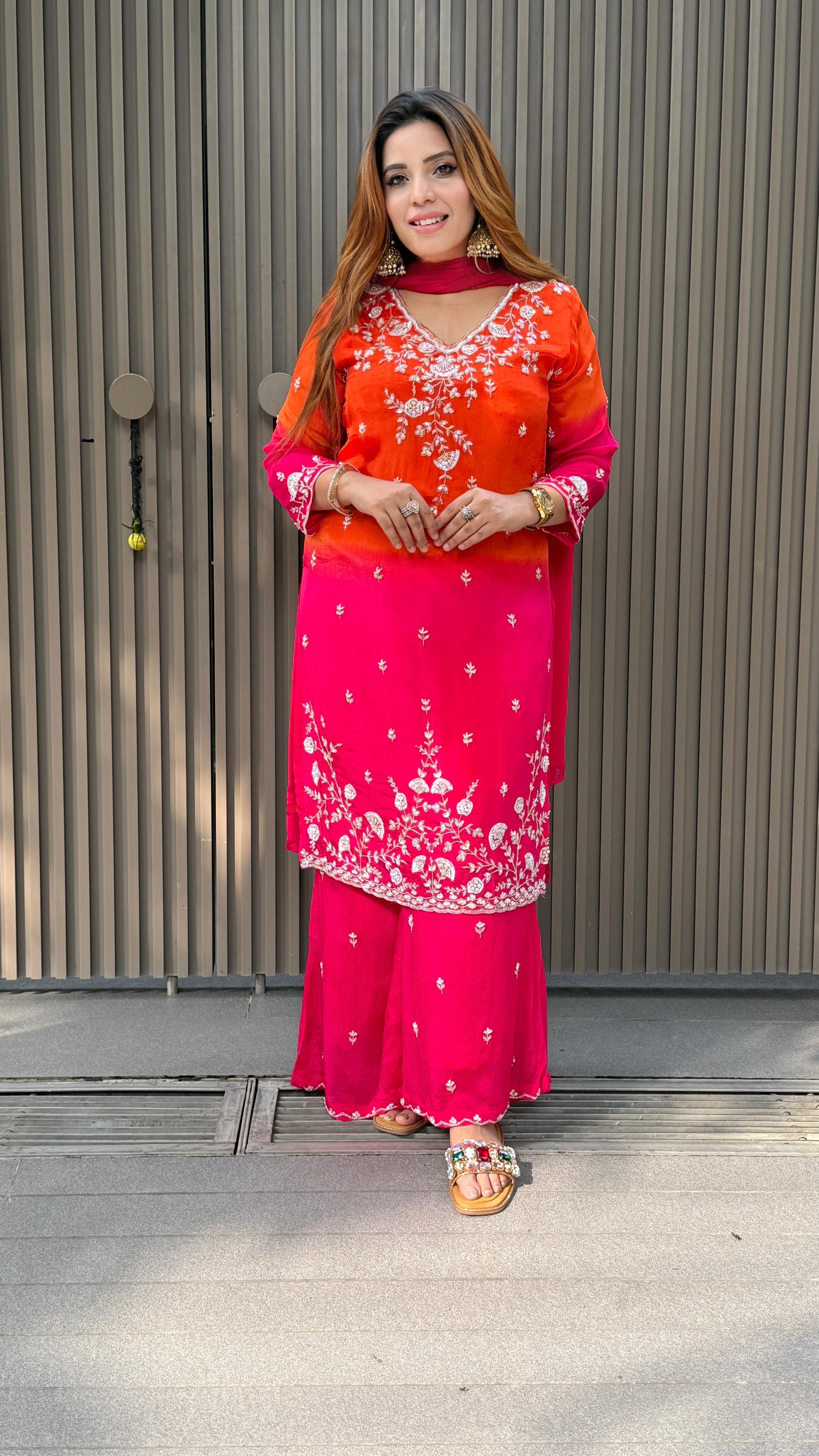 Naira Ombre Suit Set- Pink, Red, Orange