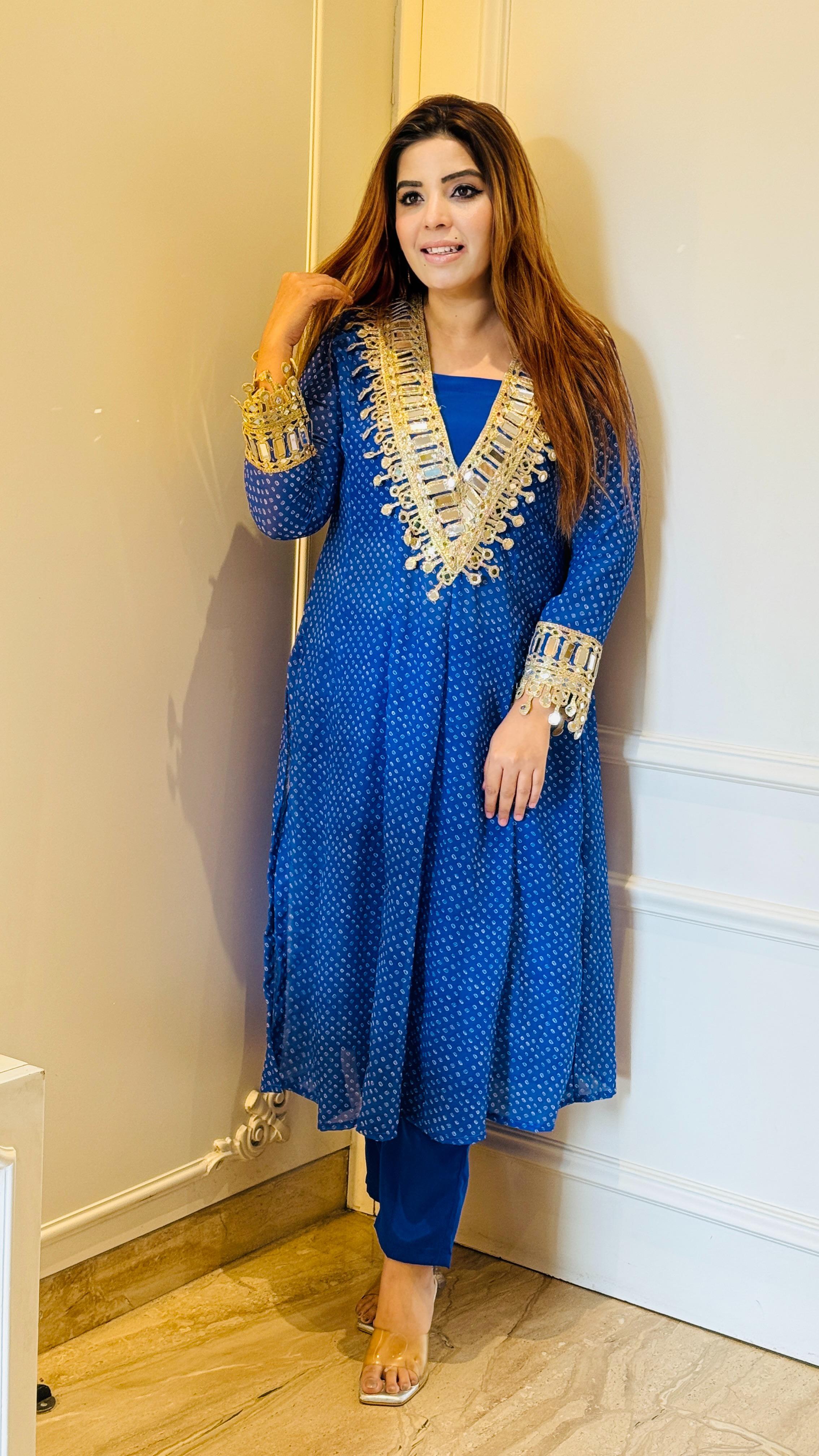 Bandhani Slit Kurta Set- Yellow, Blue, Pink