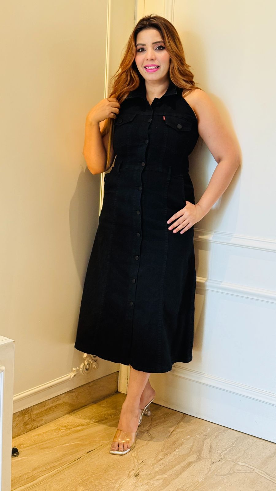 Elara Denim Dress- Black