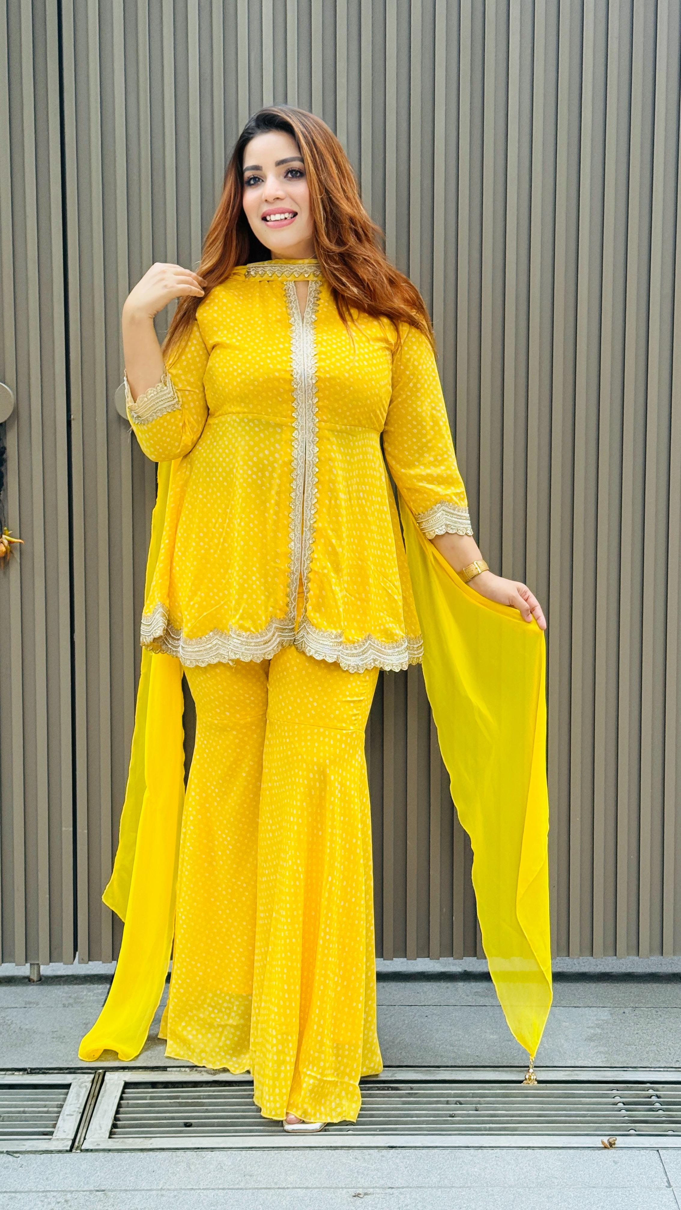 Bandhani Grace Bell Bottom Set- Yellow