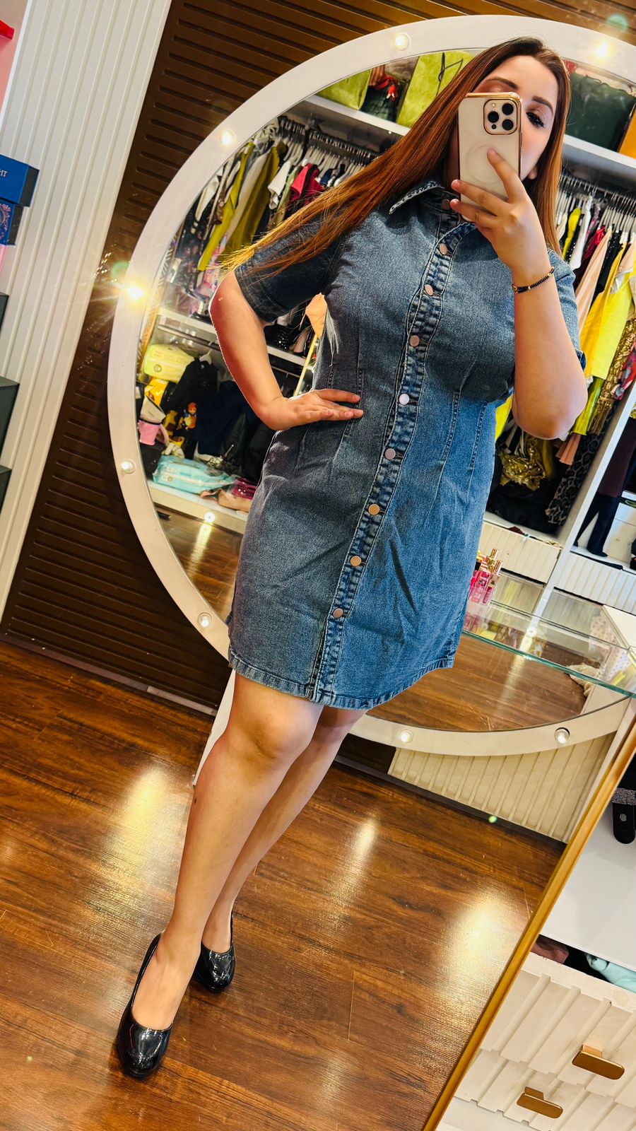 Denim Midi Dress- Blue, Navy