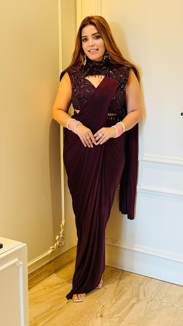 Lycra Drape Saree Set- Purple