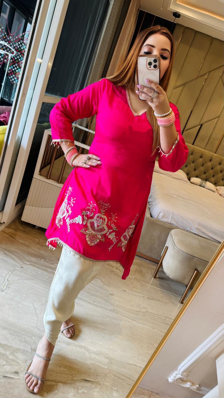 Rivona Tulip Kurta Set- Blue, Magenta