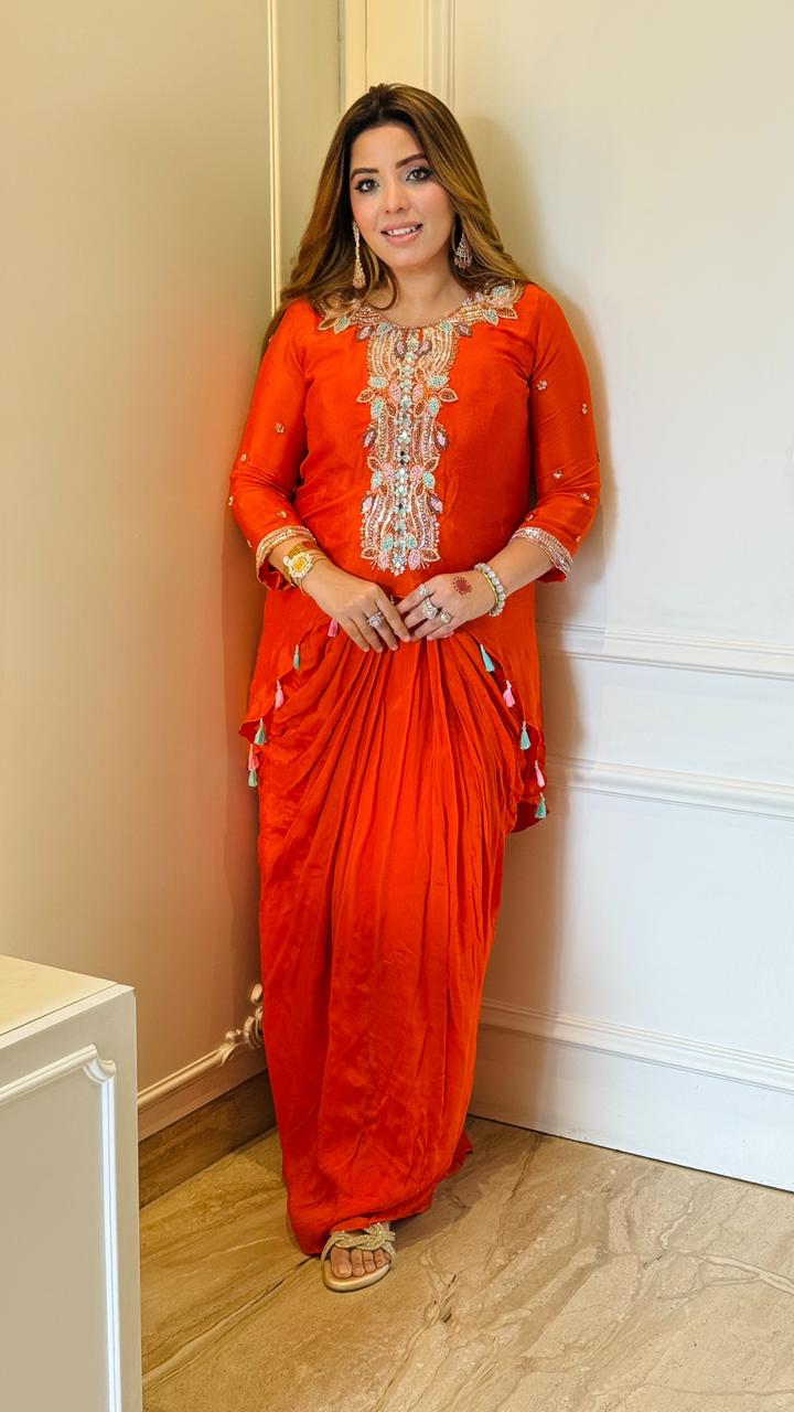 Arvya Drape Skirt Set- Orange