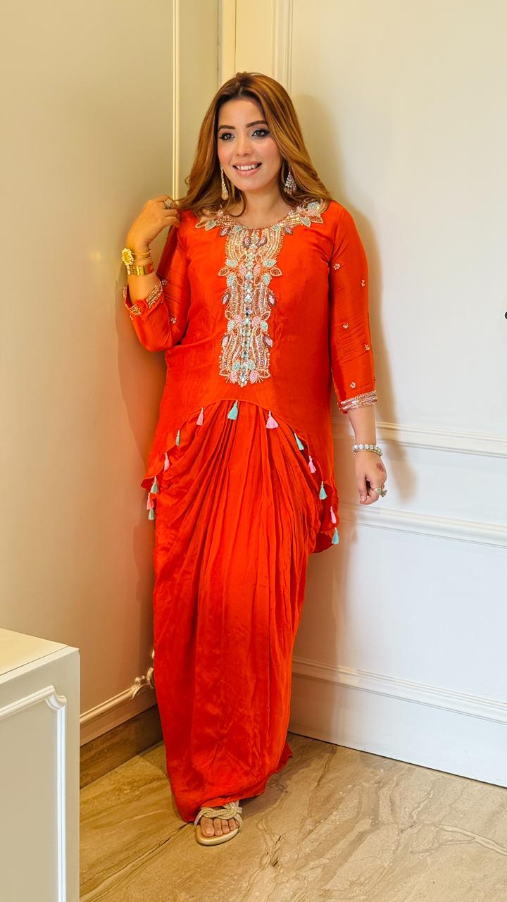 Arvya Drape Skirt Set- Orange