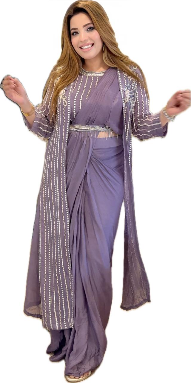 Tanshi Drape Saree Set- Lavender, Blue