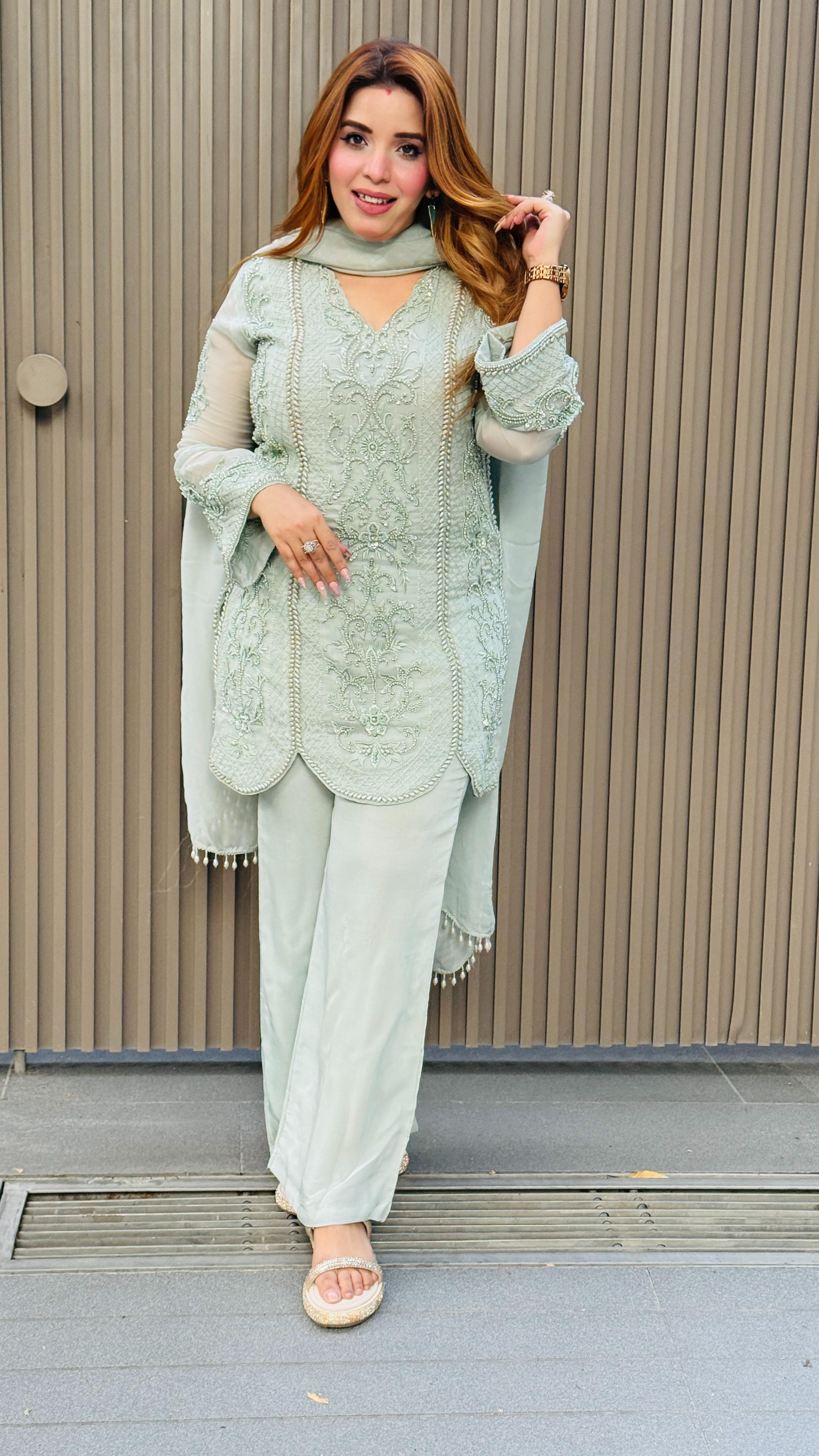 Mahira Suit Set- Mint Gray