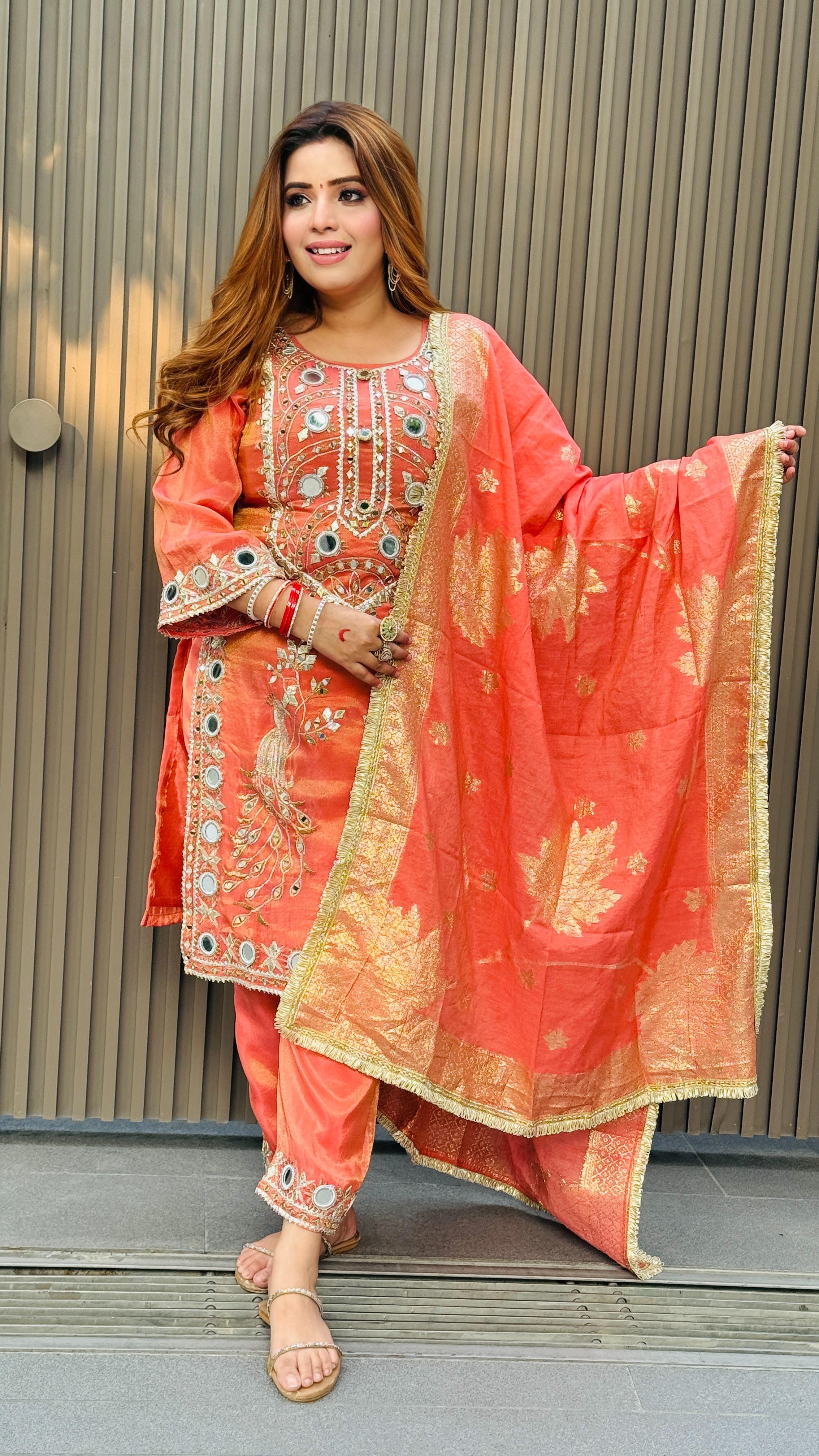 Zariya Suit- Magenta, Orange, Peach