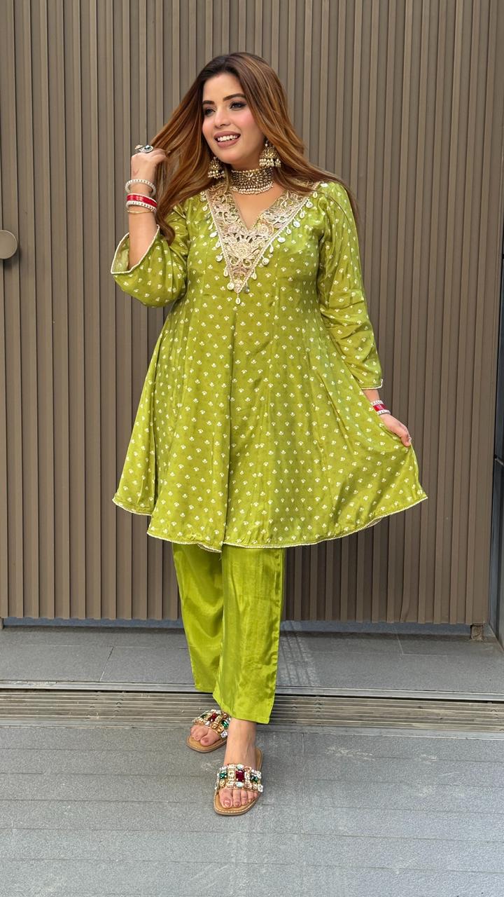 Sarul Peplum Set- Green, Pink