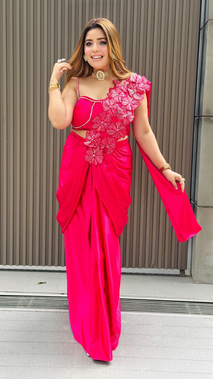 Mehika Drape Saree-Maroon, Pink, Black