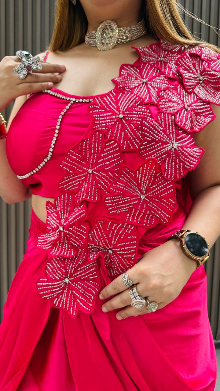 Mehika Drape Saree-Maroon, Pink, Black