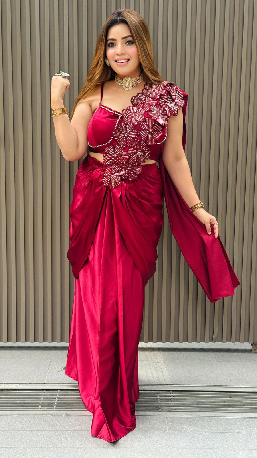 Mehika Drape Saree-Maroon, Pink, Black