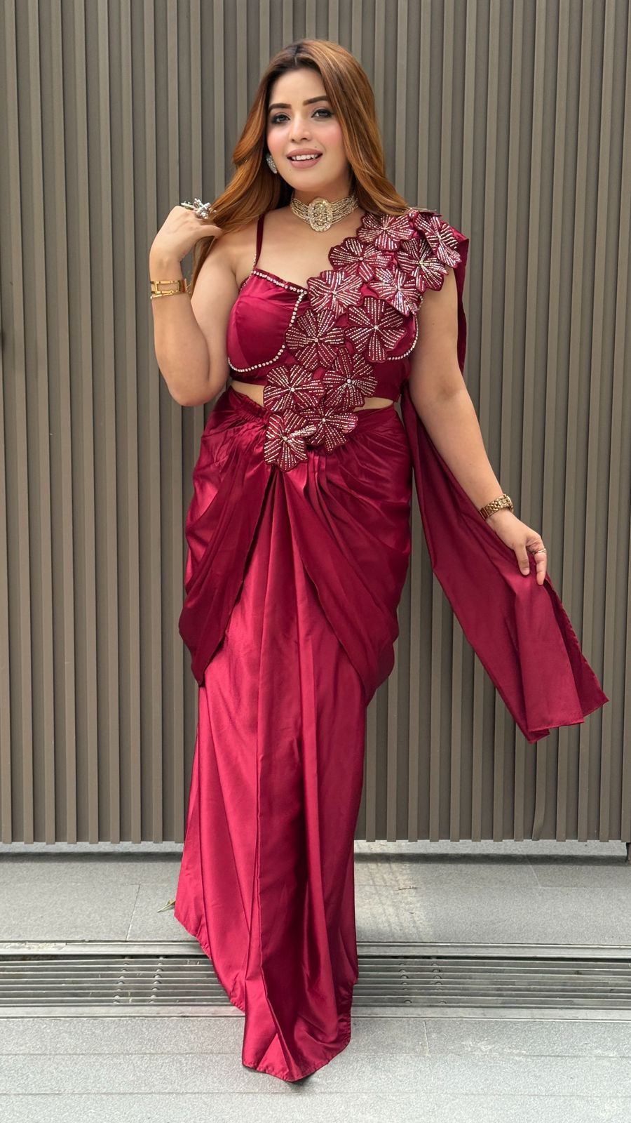 Mehika Drape Saree-Maroon, Pink, Black