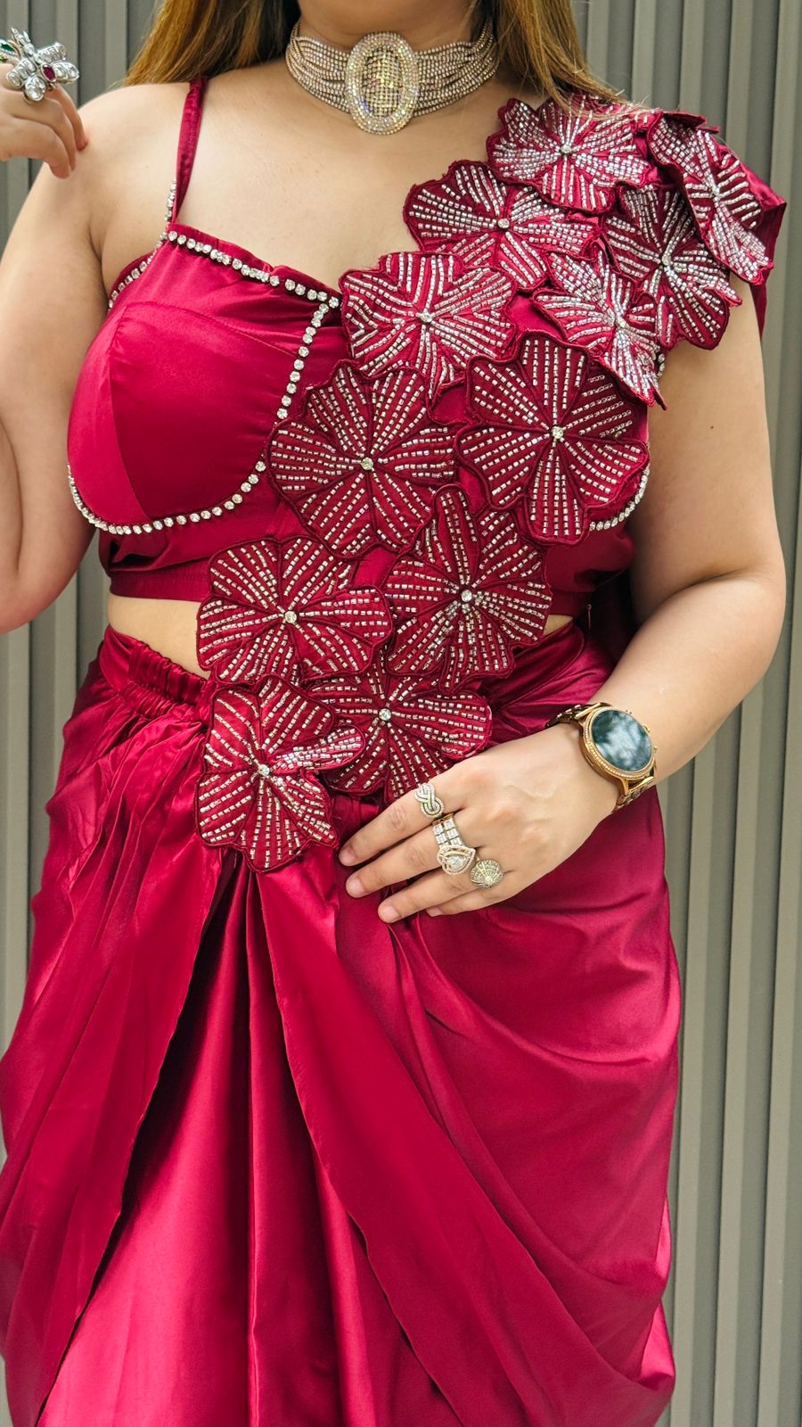 Mehika Drape Saree-Maroon, Pink, Black