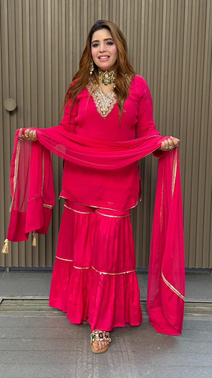 Saira Sharrara Suit Set- Magenta