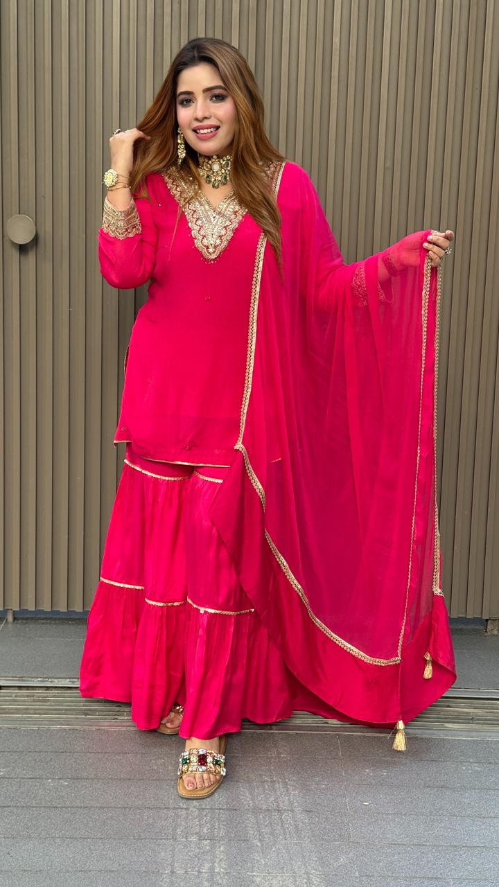 Saira Sharrara Suit Set- Magenta