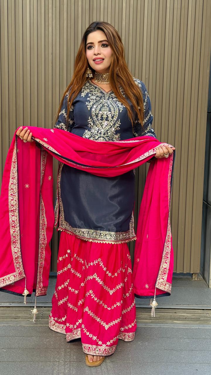 Nivira Sharrara Suit Set- Gray