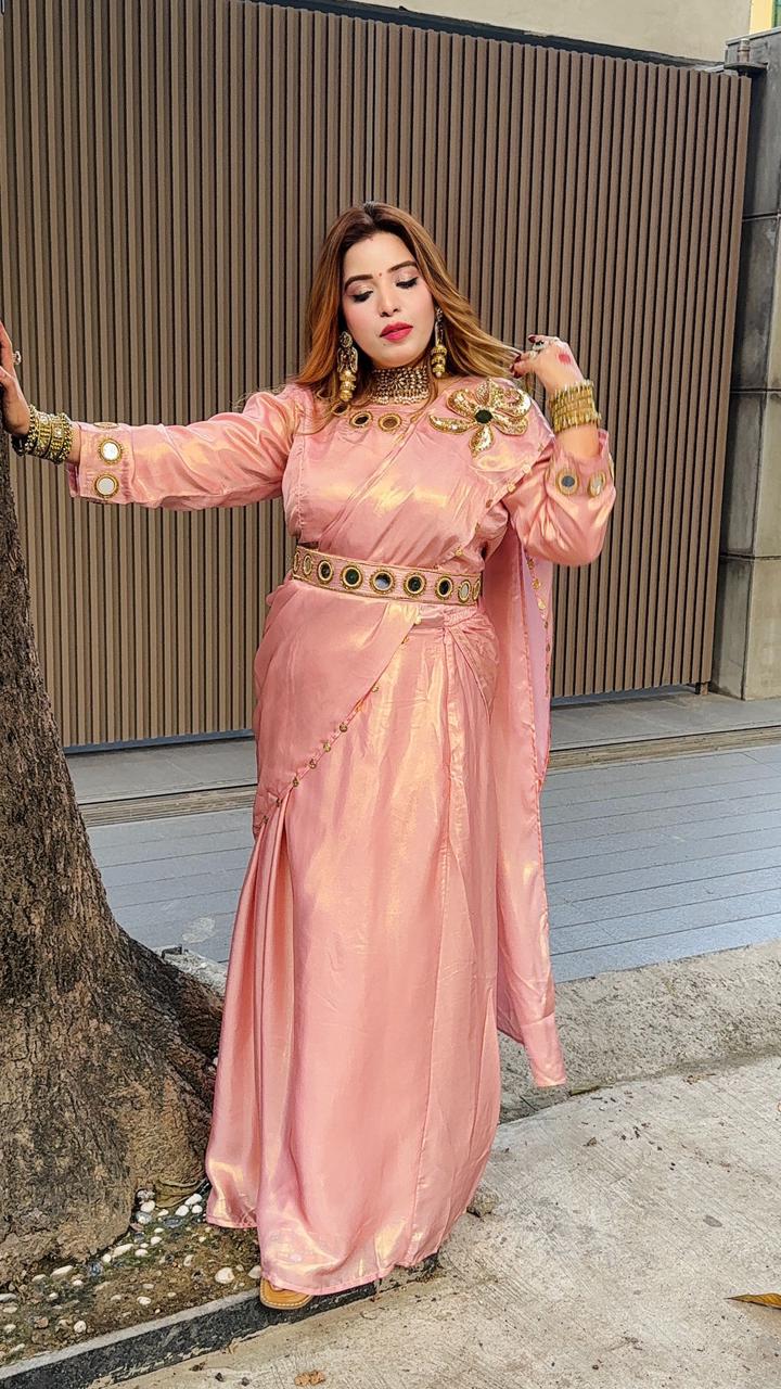 Riva Drape Saree- Pink, Beige, Green