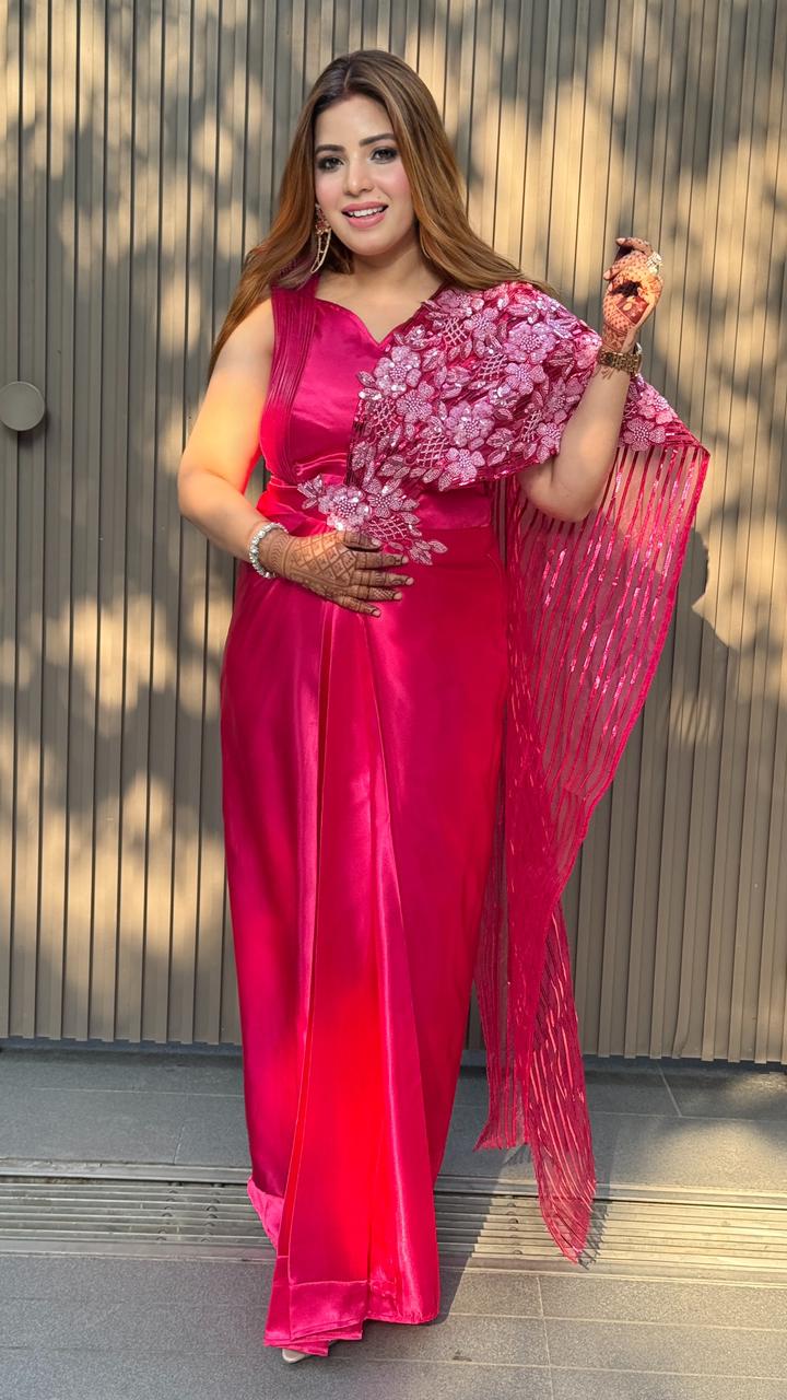 Kiara Hot Pink Satin Drape Saree- Pink